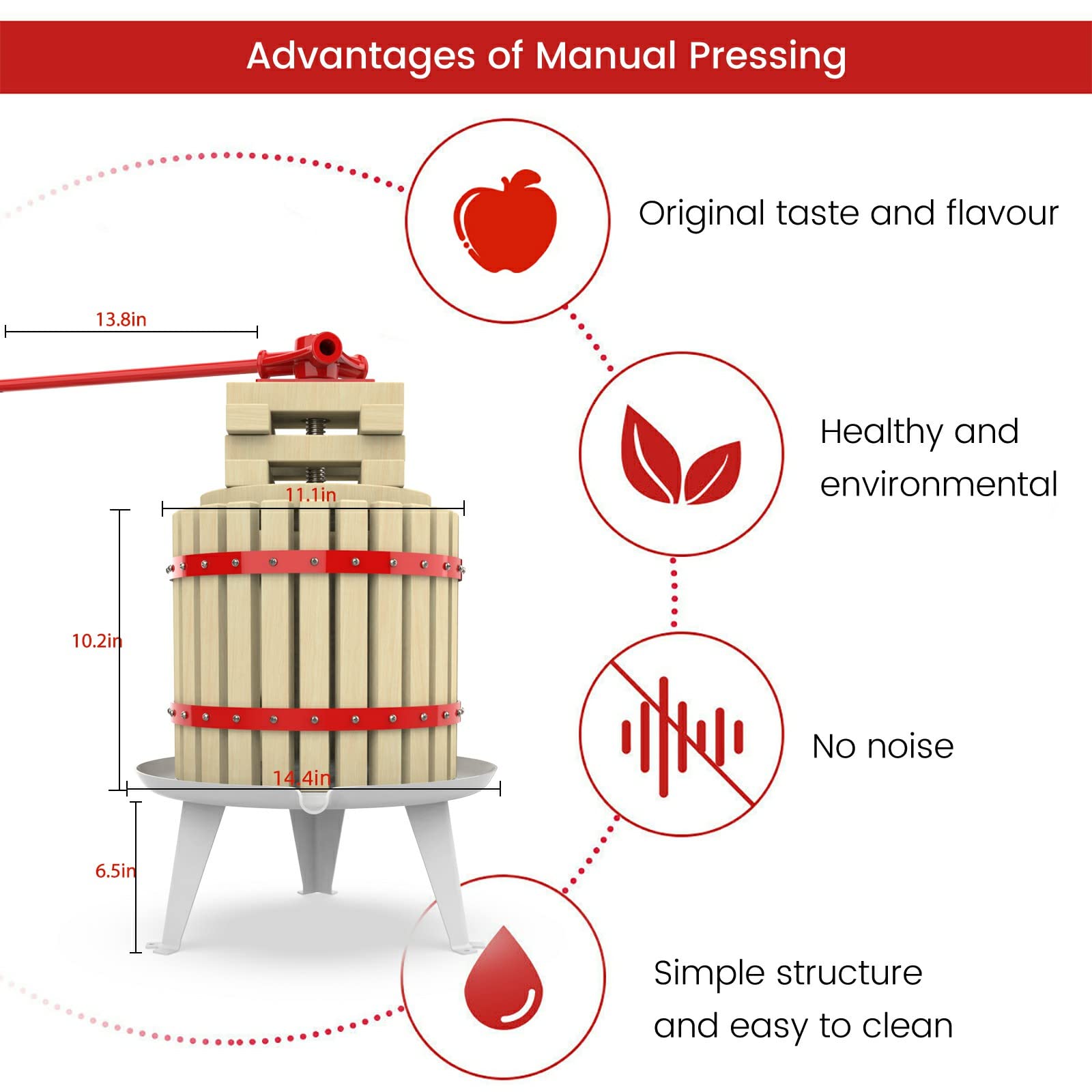 100% Natural Manual Fruit Crusher & Wine Press for Apples, Grapes, Berries - Includes Filter Bag | Perfect for Homemade Juice, Cider, Wine Making at Home