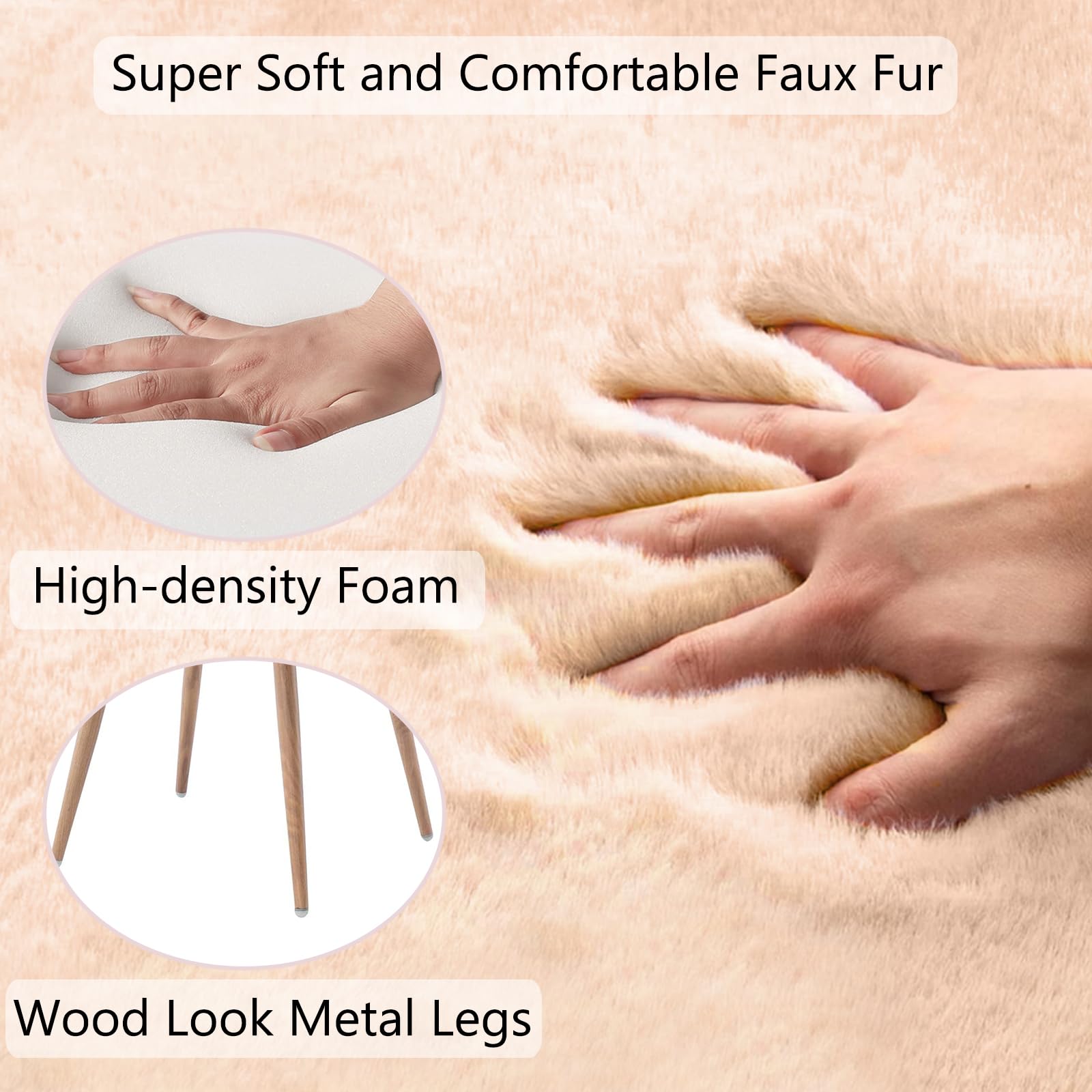 Faux Fur Desk Chair Without Wheels - Fluffy Vanity Chair with Metal Legs, Comfortable Home Office Chair for Women & Girls - Soft Makeup Chair with Hollow Back & Arms for Bedroom, Living Room, Study - Perfect for Home Office, Dressing Table, Reading Nook & Cozy Spaces