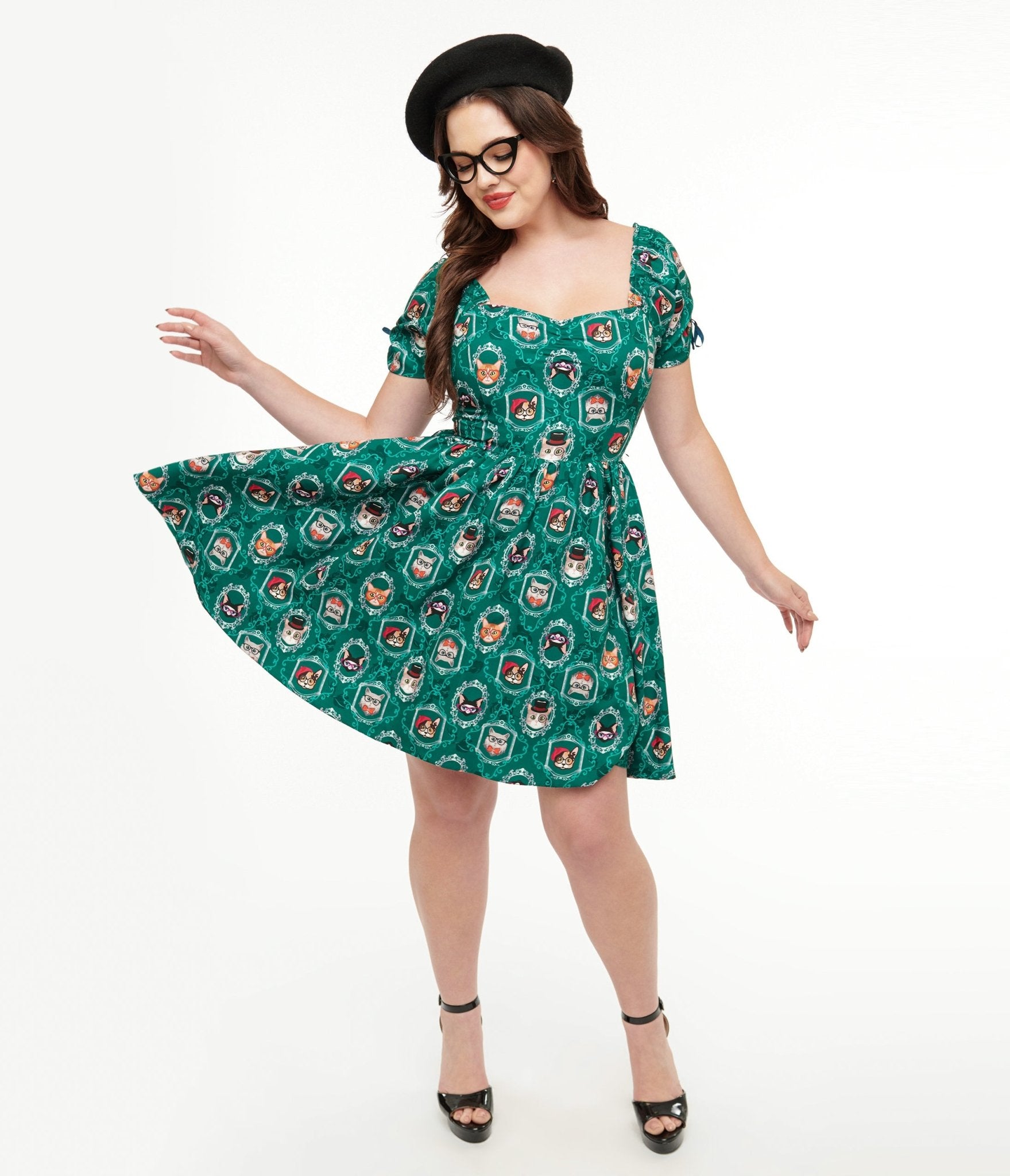 Vintage 1950s Teal Cat Print Swing Dress - Retro A-Line Dress for Women, Perfect for Parties, Cosplay & Everyday Wear