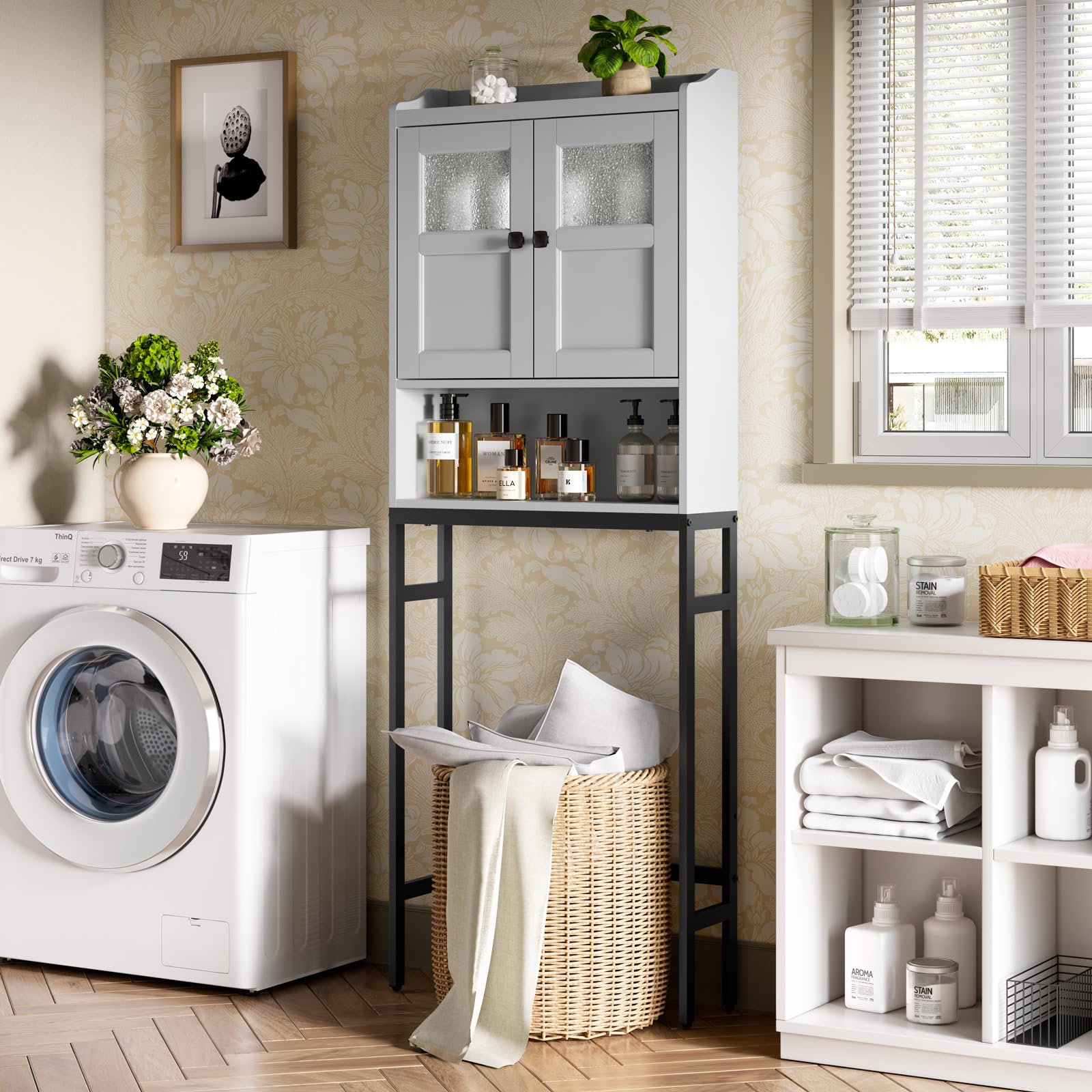 Over The Toilet Storage Cabinet with Double Doors - Bathroom Organizer Shelf with Soft Hinges, Space-Saving Above Toilet Storage Unit (Gray) - Perfect for Small Bathrooms, Apartments & Dorm Rooms