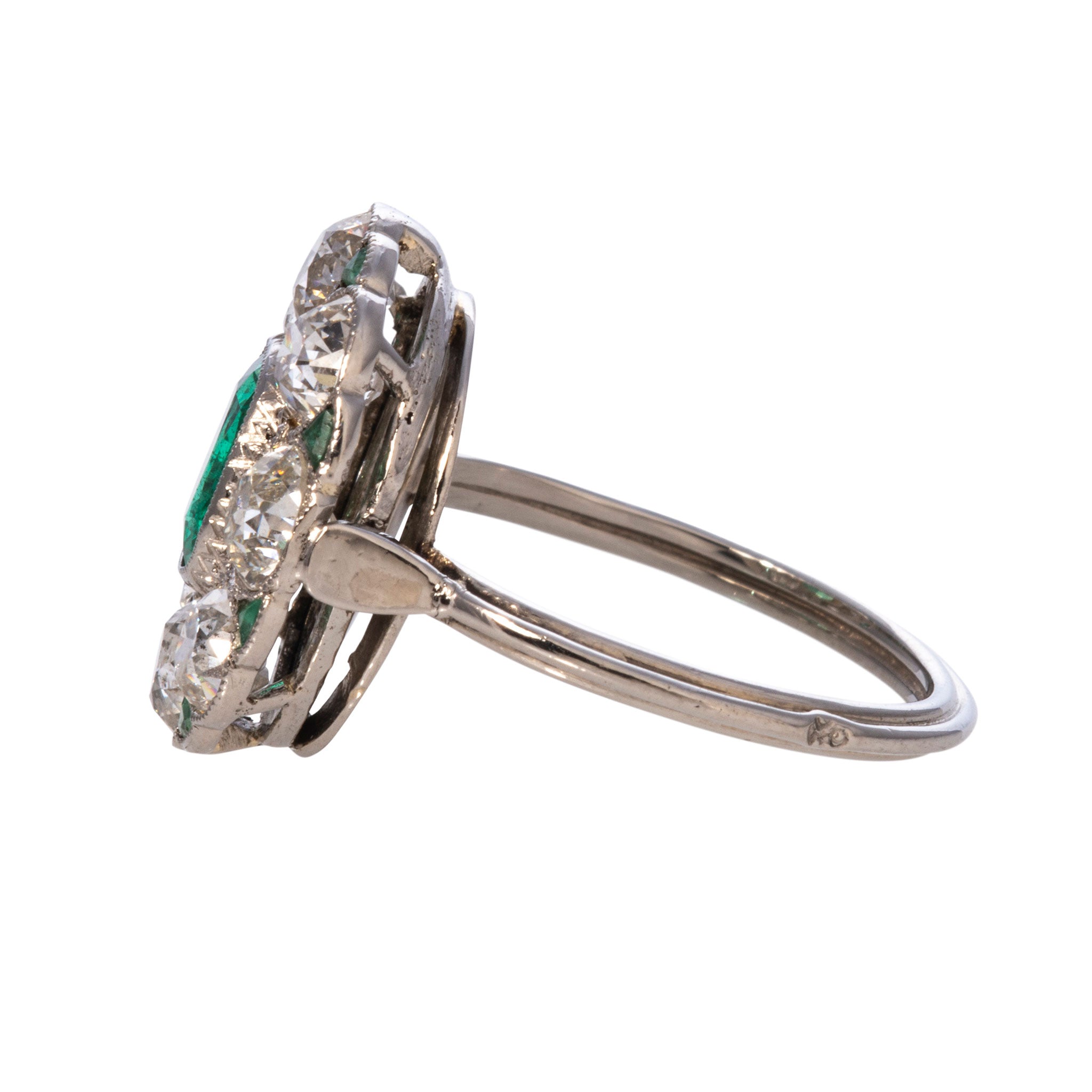 Vintage Art Deco Cushion Emerald & Old Mine Cut Diamond Cluster Platinum Ring – Perfect for Weddings, Anniversaries & Special Occasions