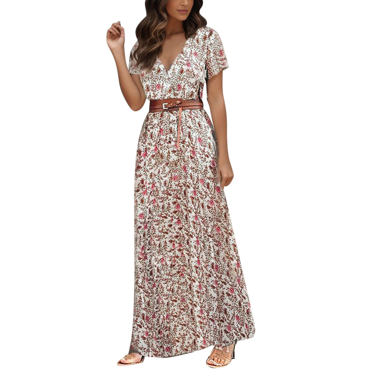 Women's Floral Short Sleeve Summer Dress with Belt - Boho Chic Cocktail Dress for Wedding, Party & Spring Outings | Perfect for Western Theme Events & Casual Going Out Occasions
