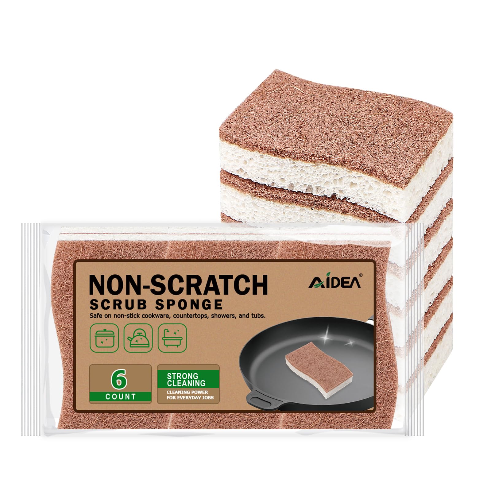 AIDEA Non-Scratch Scrub Sponges 6-Pack - Gentle Cellulose Sponges for Non-Stick Cookware, Dishes & Household Cleaning | Safe for Kitchen & Bathroom Use | Eco-Friendly Cleaning Sponges for Daily Chores