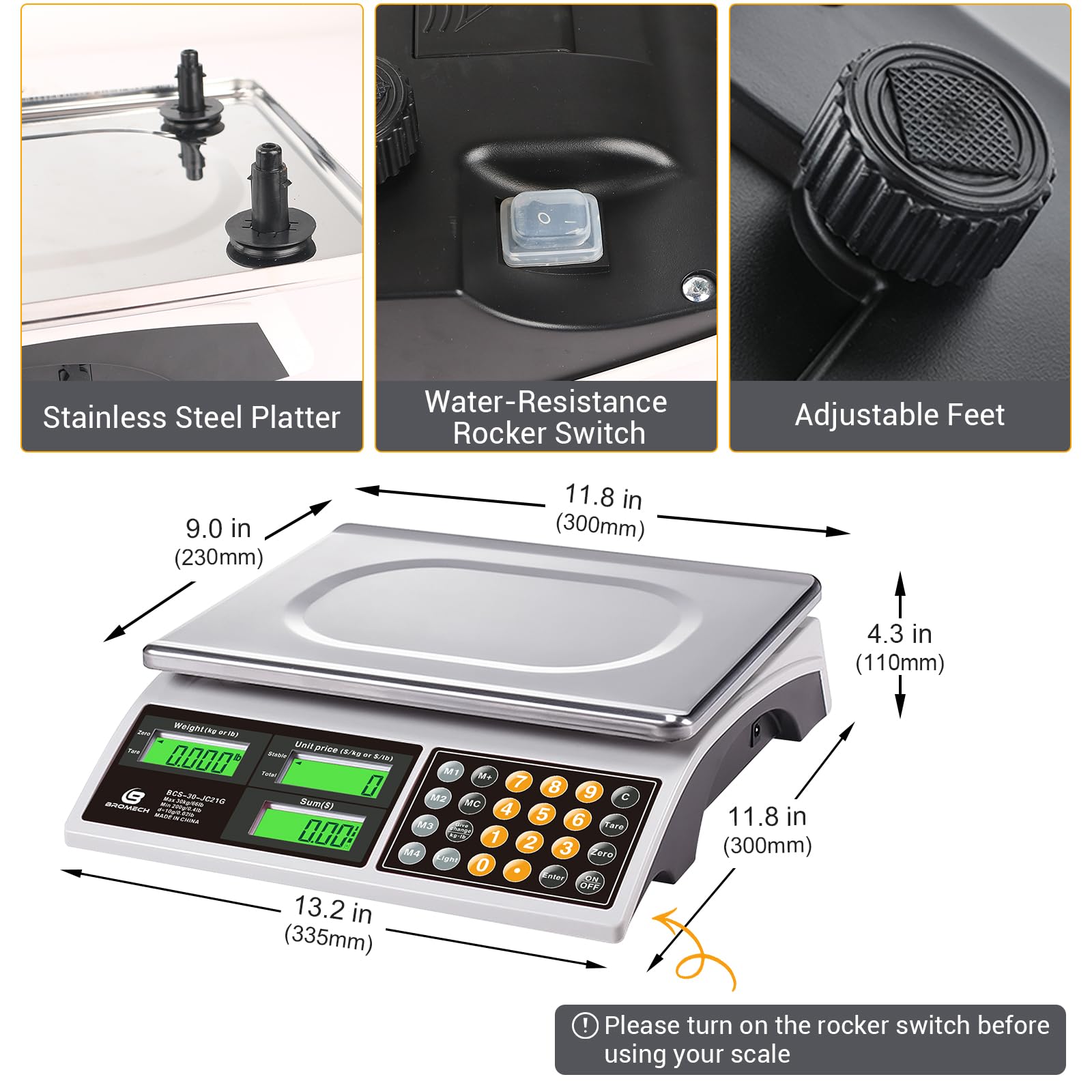 66lb Digital Commercial Food Scale with Green Backlight LCD - Price Computing Scale for Meat, Produce, Farmers Market & Retail - Battery Powered Weighing Scale for Kitchen, Grocery Store, Butcher Shop & Food Business
