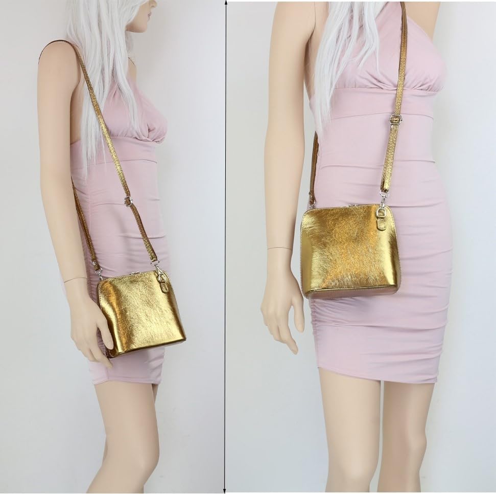 Stylish Small Vera Pelle Genuine Metallic Leather Handbag for Women - Italian Mini Crossbody Shoulder Bag | Perfect for Work, Travel & Evening Out
