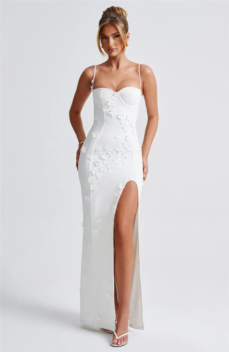 3D Floral Spaghetti Strap Sexy Maxi Dress for Women - Off Shoulder Backless Thigh High Split Evening Gown | Perfect for Club Parties, Date Nights & Summer Vacations