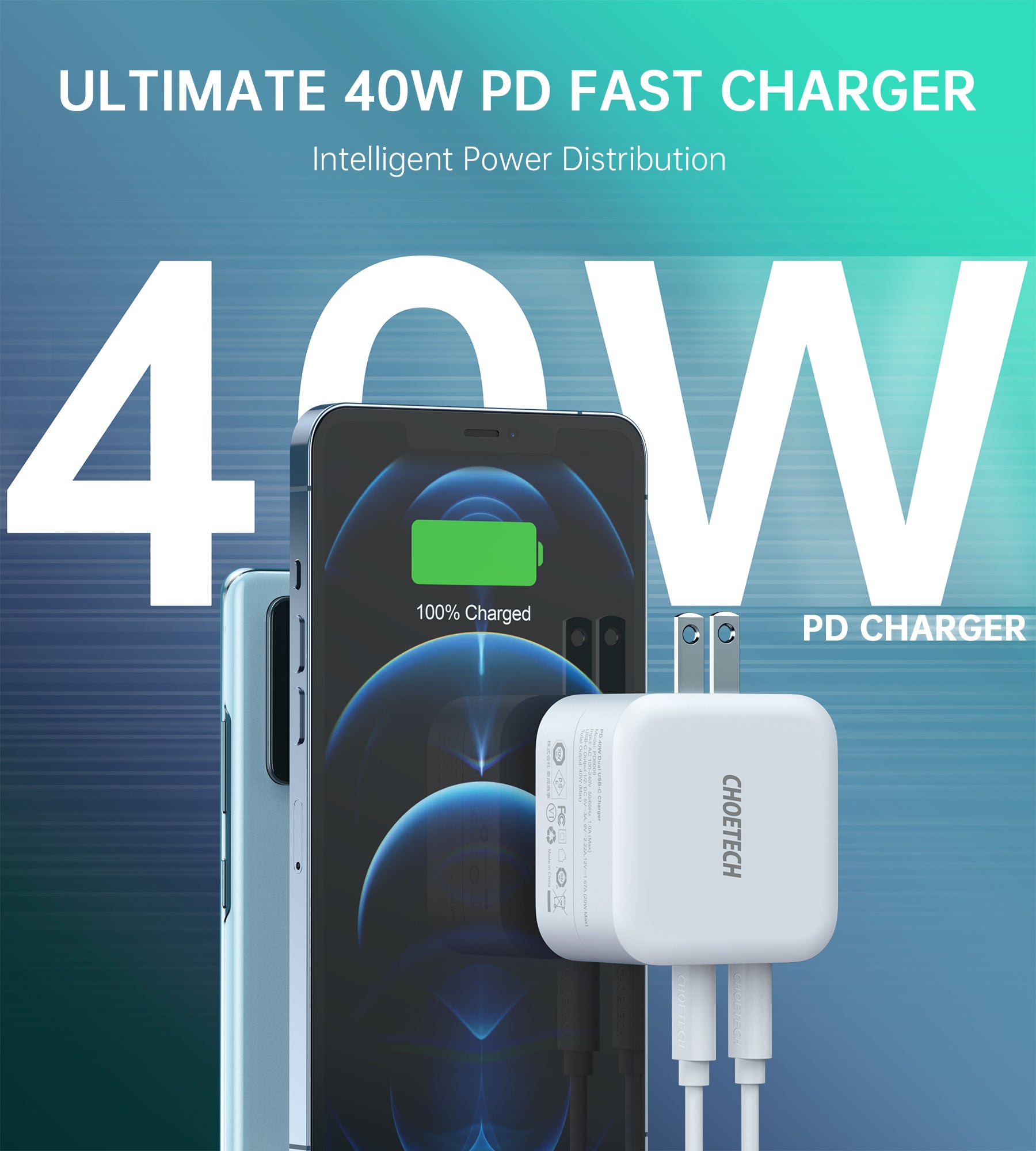 Choetech 40W Dual USB C Wall Charger with Foldable Plug - Fast Charging for iPhone 15/14/13, iPad, Samsung Galaxy - Perfect for Travel, Home & Office Use