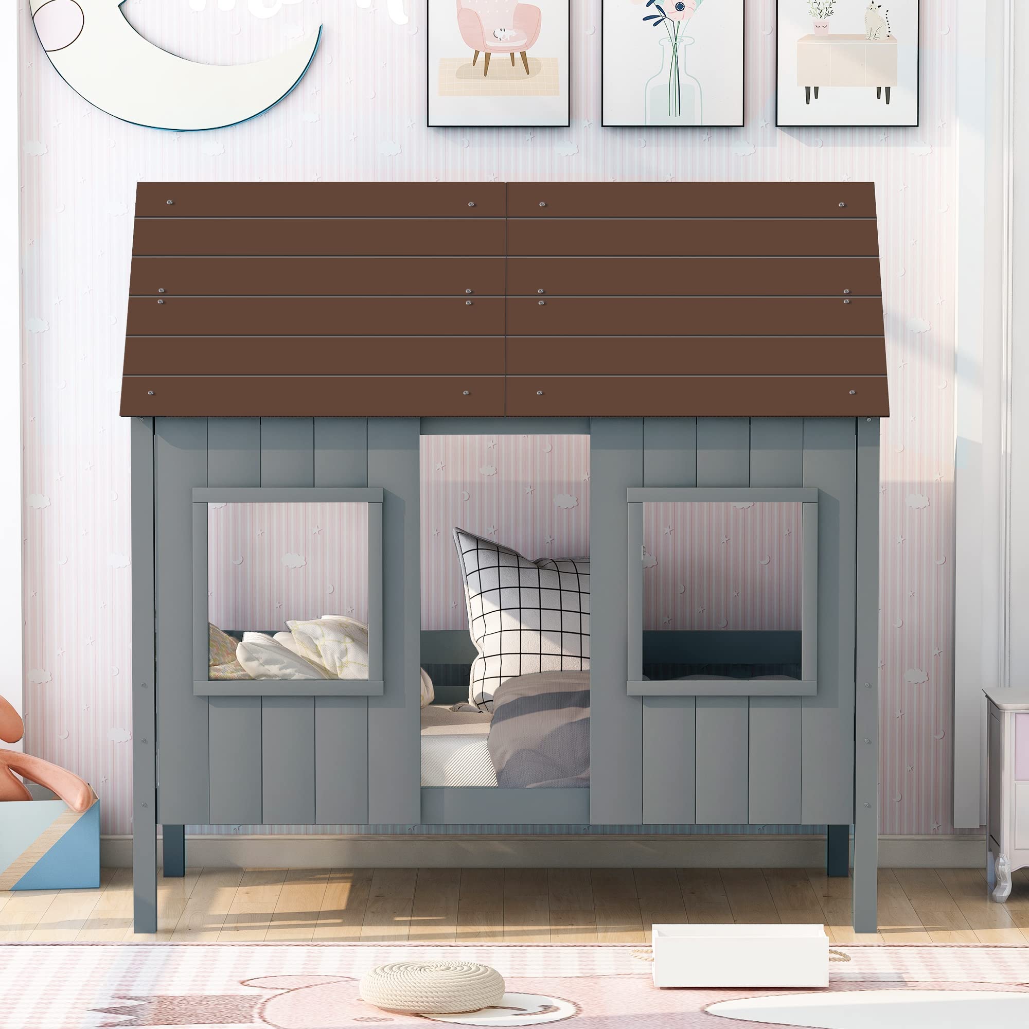 Twin House Bed for Kids - Low Loft Bed with Roof & Windows for Boys & Girls (Antique Gray + Normal Gray) - Perfect for Small Bedrooms & Playrooms