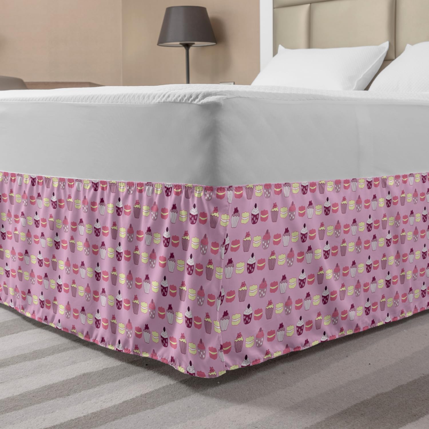 Ambesonne Cupcakes Bed Skirt - Elastic Wrap Around Dust Ruffle for King Size Beds | Pink Multicolor Pastry Design with Muffins & Macaroon Cookies | Perfect for Bedroom Decor, Guest Room Styling & Themed Party Setups