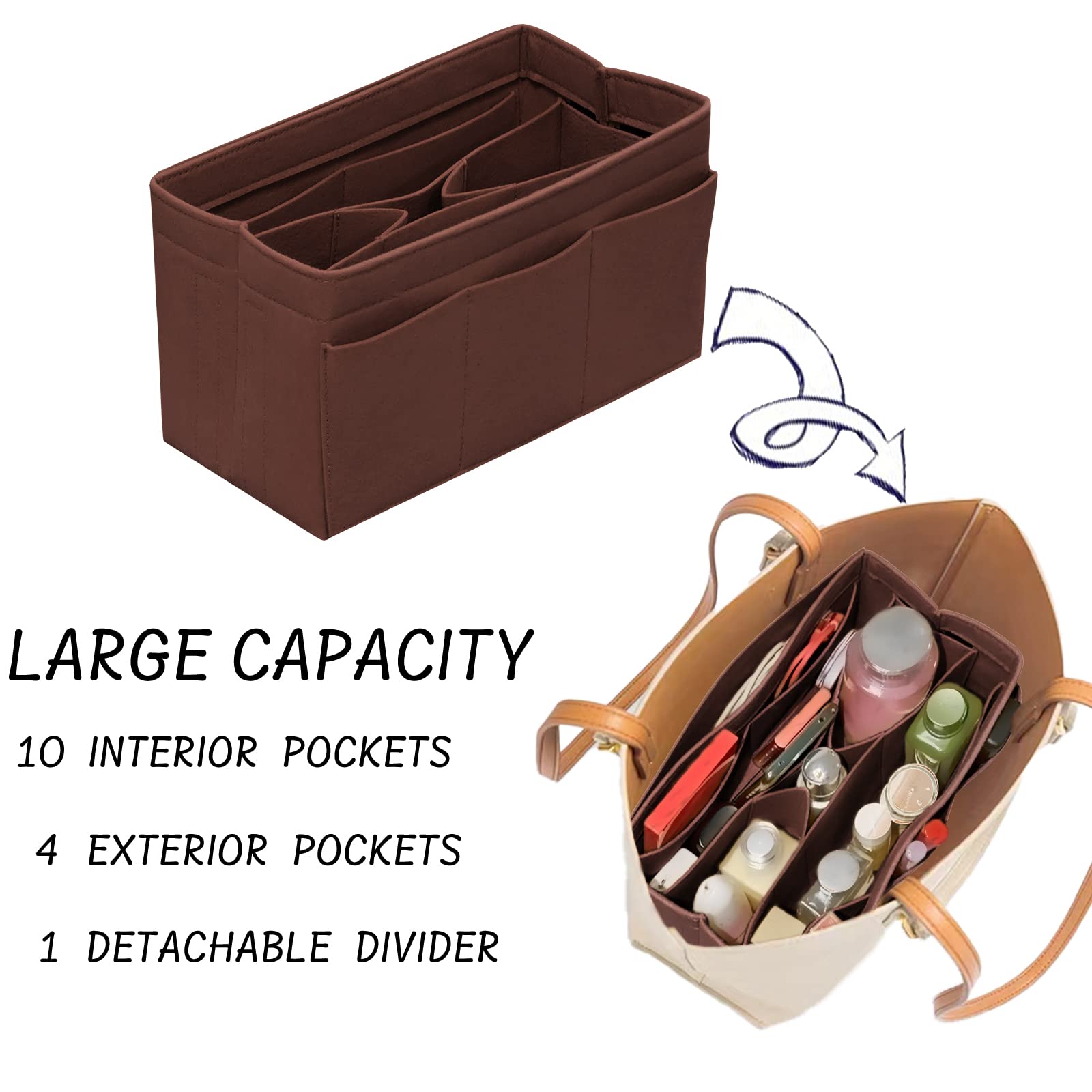 Felt Purse Organizer Insert with 14 Pockets - Small Brown Handbag Organizer for Tote Bags | Perfect for Travel, Work & Everyday Use
