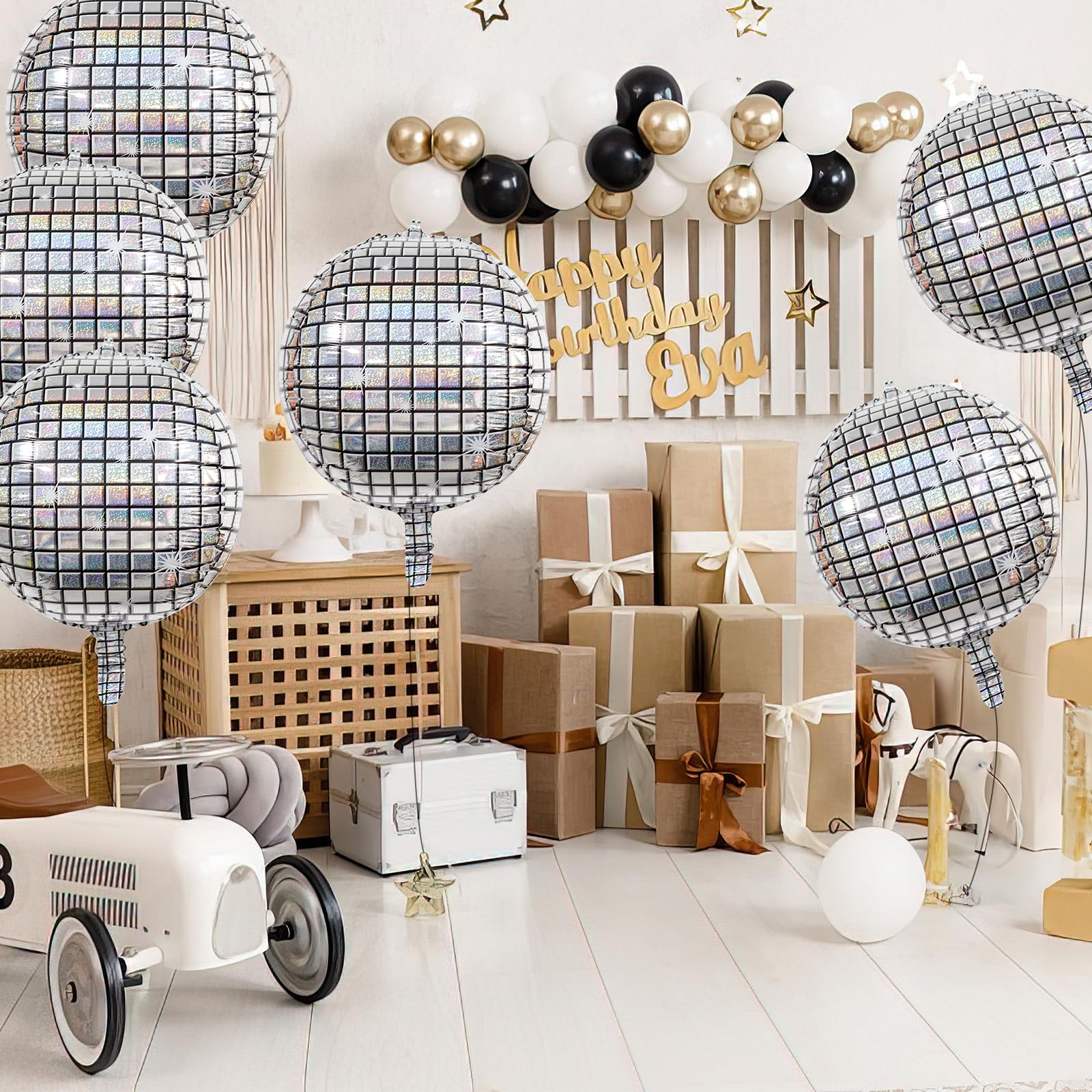 6PCS Rainbow Silver Disco Ball Balloons - 22 Inch 4D Disco Party Decorations for Birthday, Wedding, New Year & Themed Events - Shimmering Metallic Party Supplies for Dance Floor & Ceiling Decor