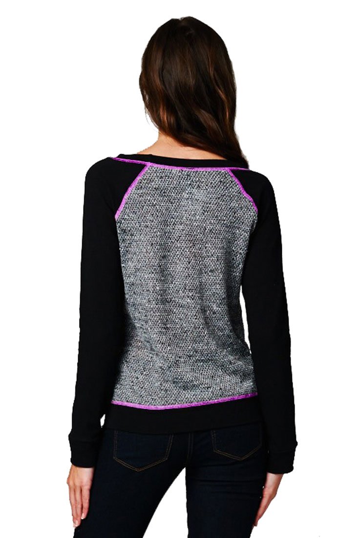 French Terry Long Sleeve Neon Accent Shirt Top for Women | Soft Casual T-Shirt with Stylish Neon Trim | Perfect for Workouts, Yoga & Everyday Wear