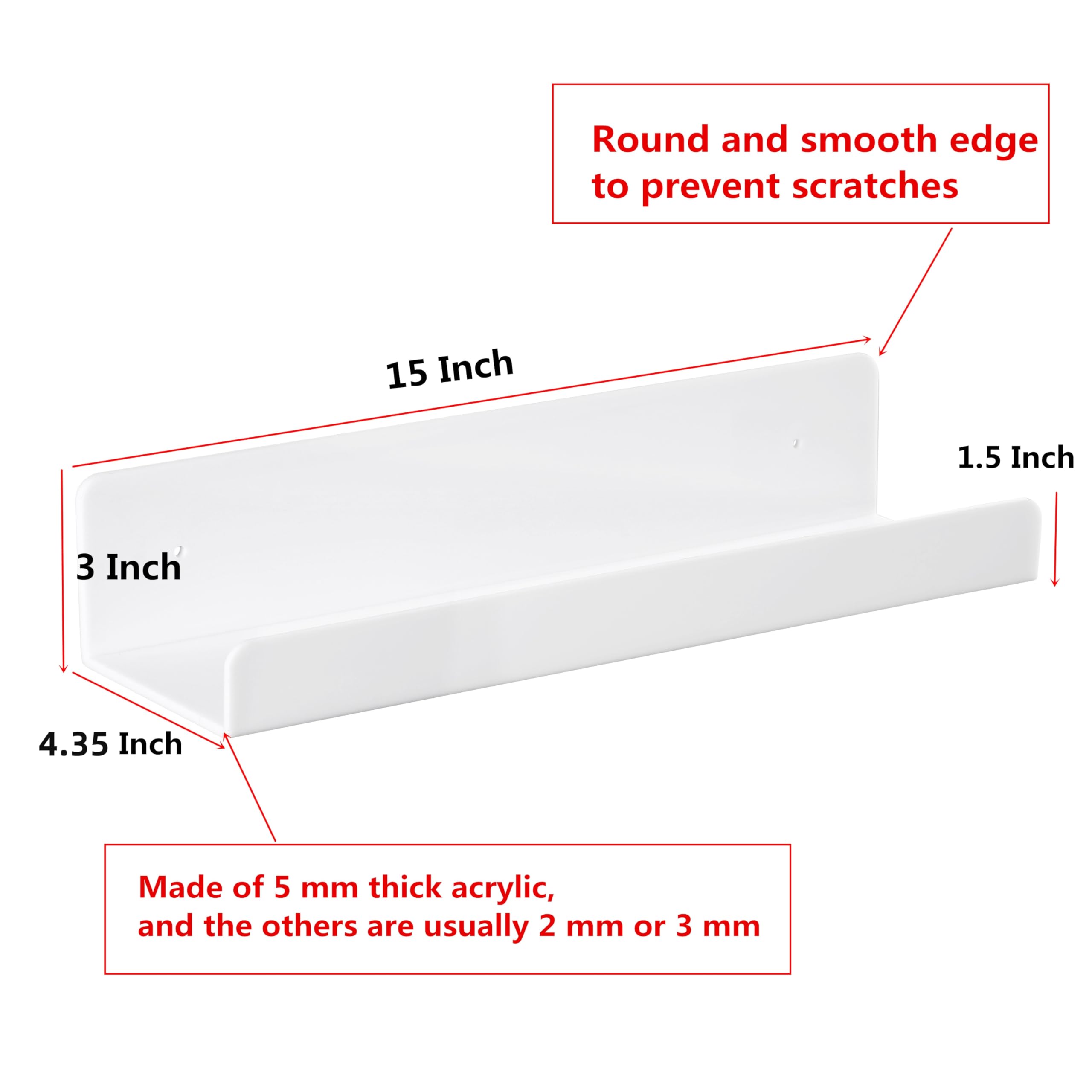 IEEK 15 Inch White Acrylic Floating Wall Shelf - Set of 4 | Modern Wall Mounted Bookshelf for Nursery, Kids Room, Office & Bathroom | 5MM Thick Display Organizer for Books, Decor & Storage | Perfect for Home Organization & Stylish Space Saving Solutions