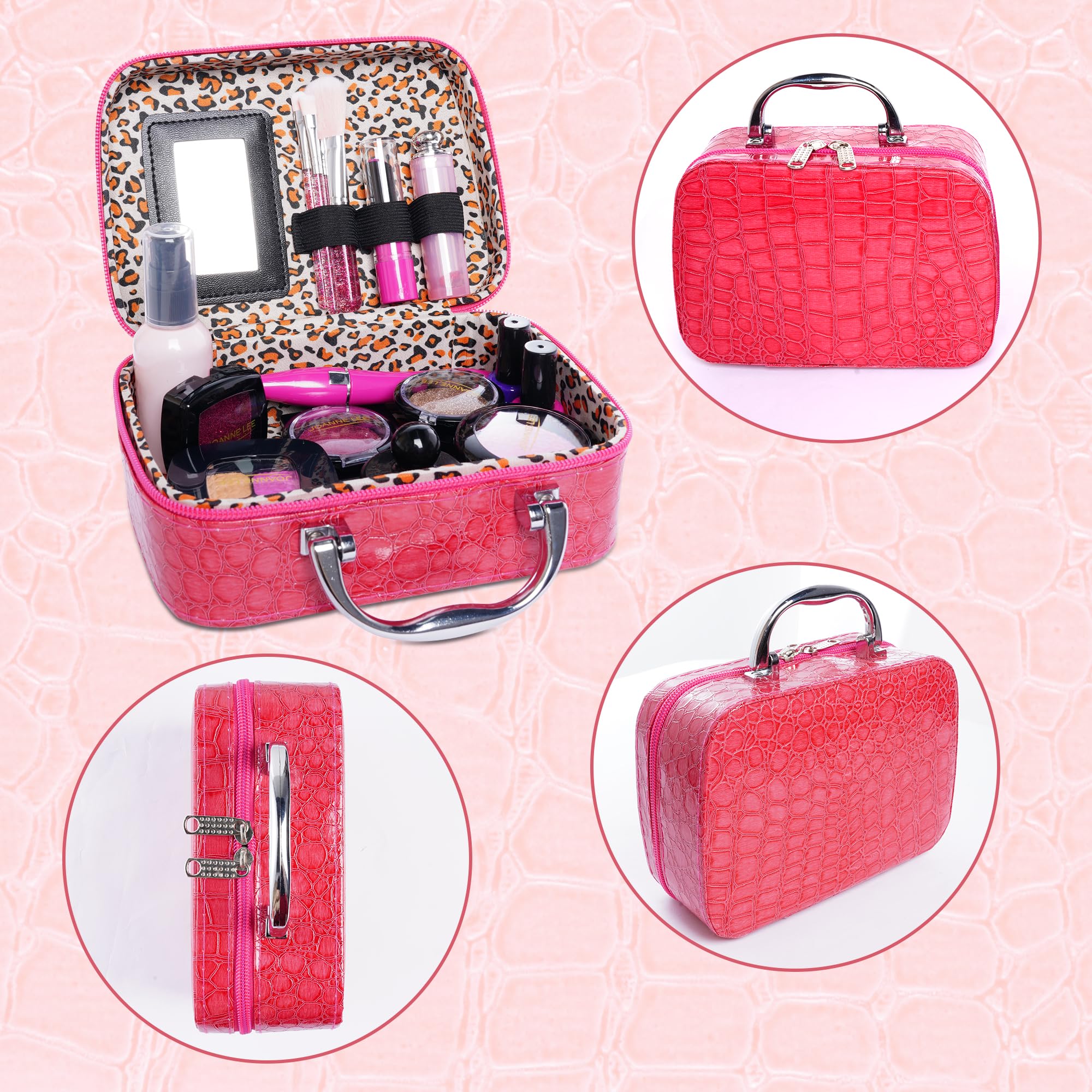 **Pretend Makeup Kit for Girls - 21pcs Rose Pink Play Makeup Set with Leather Bag & Gift Box - Perfect for Birthday & Christmas - Safe & Non-Toxic for Kids Age 3+ (Not Real Makeup) - Great for Role Play, Dress-Up & Imaginative Fun**