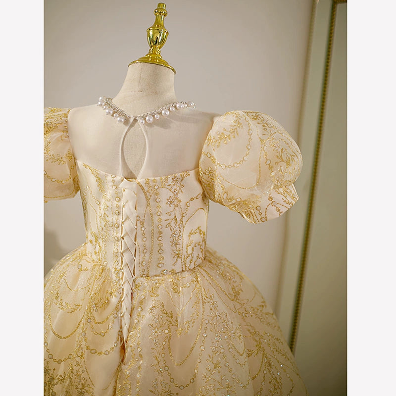 Gold Princess Jewel Neck Floor Length Sequined Flower Girl Dress for Weddings, Pageants & Special Occasions