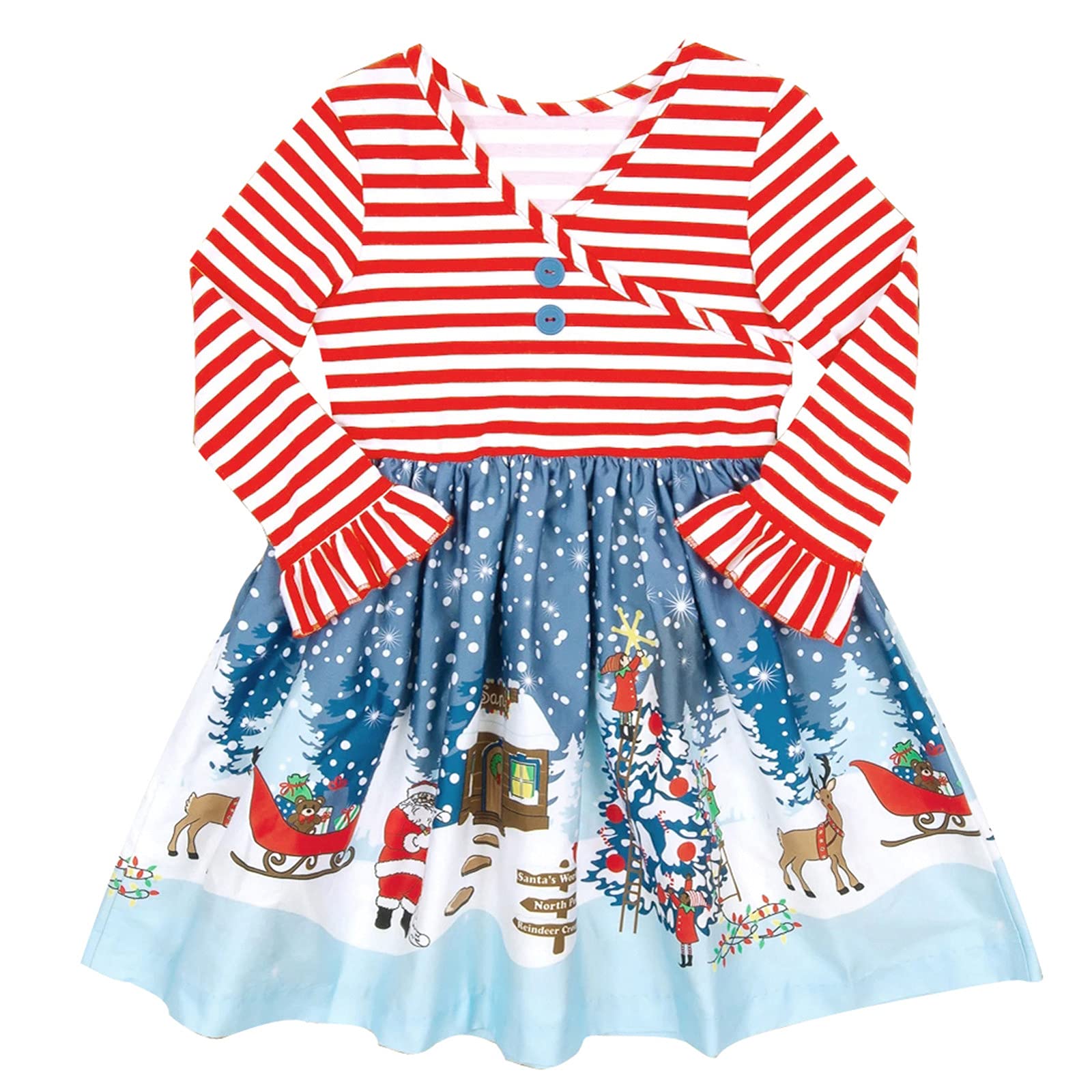 LISfsa Baby Girls Christmas Dress - Patchwork Toddler Princess Outfit with Santa & Stripes for Holiday Parties & Family Photos
