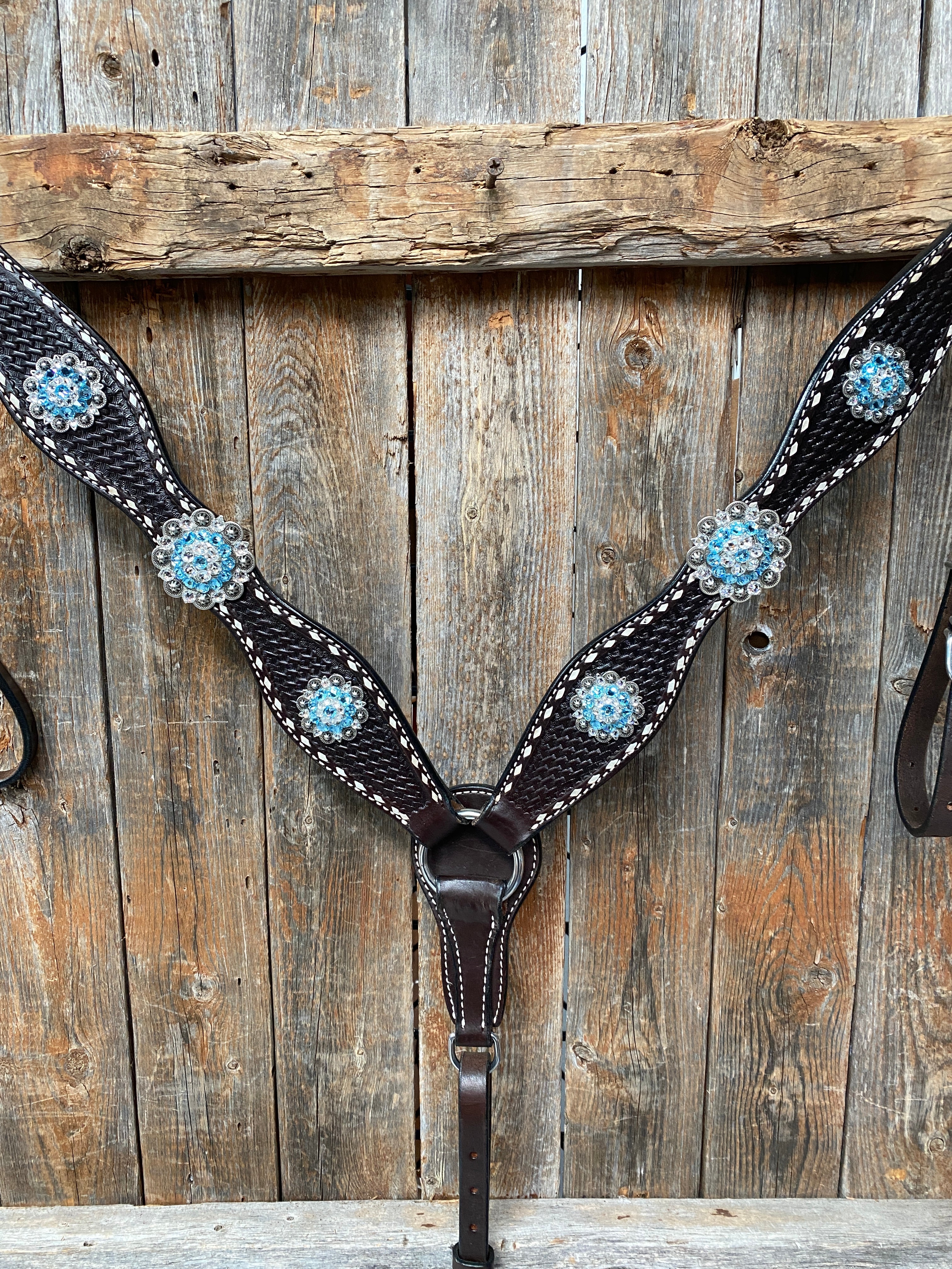 Premium Dark Oil Buckstitch Aqua & Clear One Ear & Breastcollar Tack Set #OEBC439 - Western Horse Riding Show & Trail Equipment