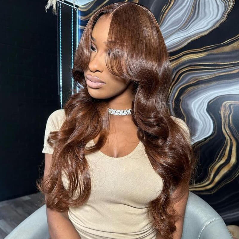 Eullair 13x4 Lace Front Wigs Human Hair - Burgundy Brown Layered Curtain Bangs Wavy Medium Length Wig for Women | Perfect for Cosplay, Daily Wear & Special Occasions
