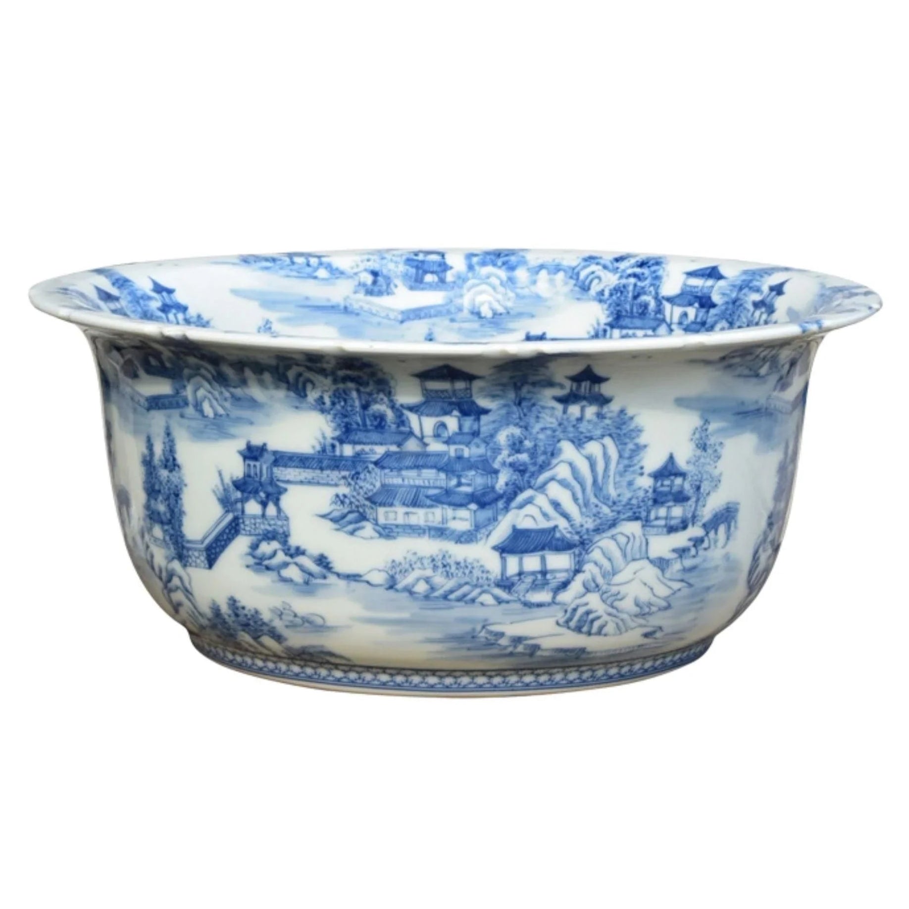 Vintage Chinoiserie Scalloped Porcelain Wash Basin - Elegant Hand-Painted Ceramic Sink for Bathroom Vanity, Powder Room, or Luxury Guest Suite Decor