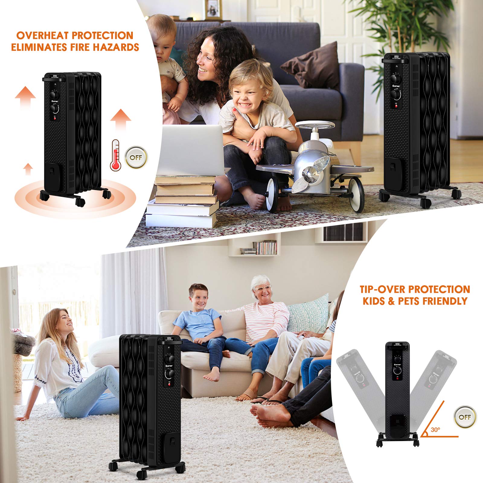 COSTWAY 1500W Oil Filled Radiator Heater - Portable Electric Space Heater with 3 Heat Modes, Adjustable Thermostat, Tip-Over & Overheat Protection - Energy Efficient Indoor Heater for Home, Office, Bedroom & Living Room - Perfect for Winter Heating & Home Office Warmth