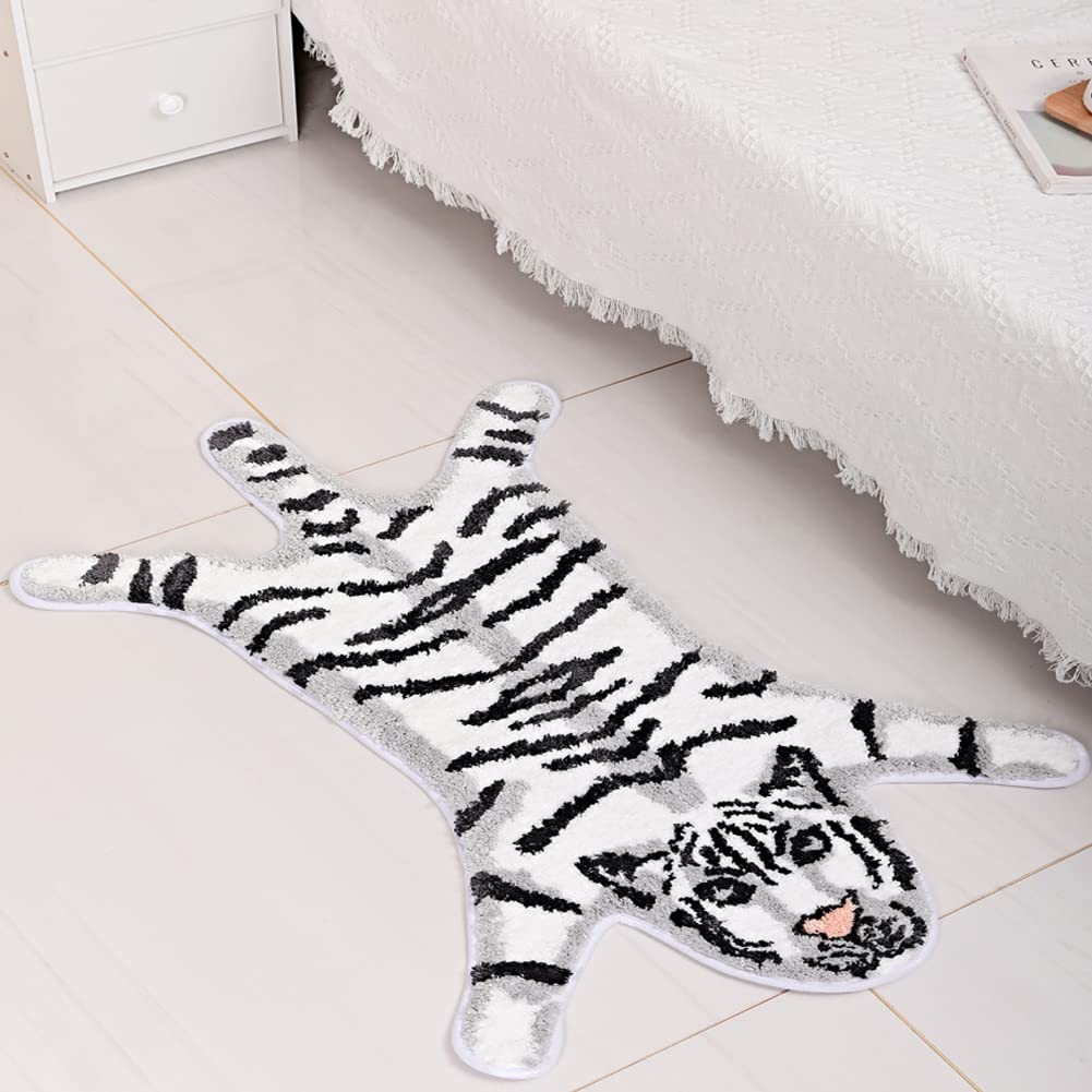 Soft Tiger Shaped Bath Rug - Non-Slip Absorbent Bathroom Mat for Kids & Adults, Cute Animal Print Carpet (22.5x34.5 Inch, White) - Perfect for Bathroom Decor, Playroom Floor Mat & Cozy Nursery Rug