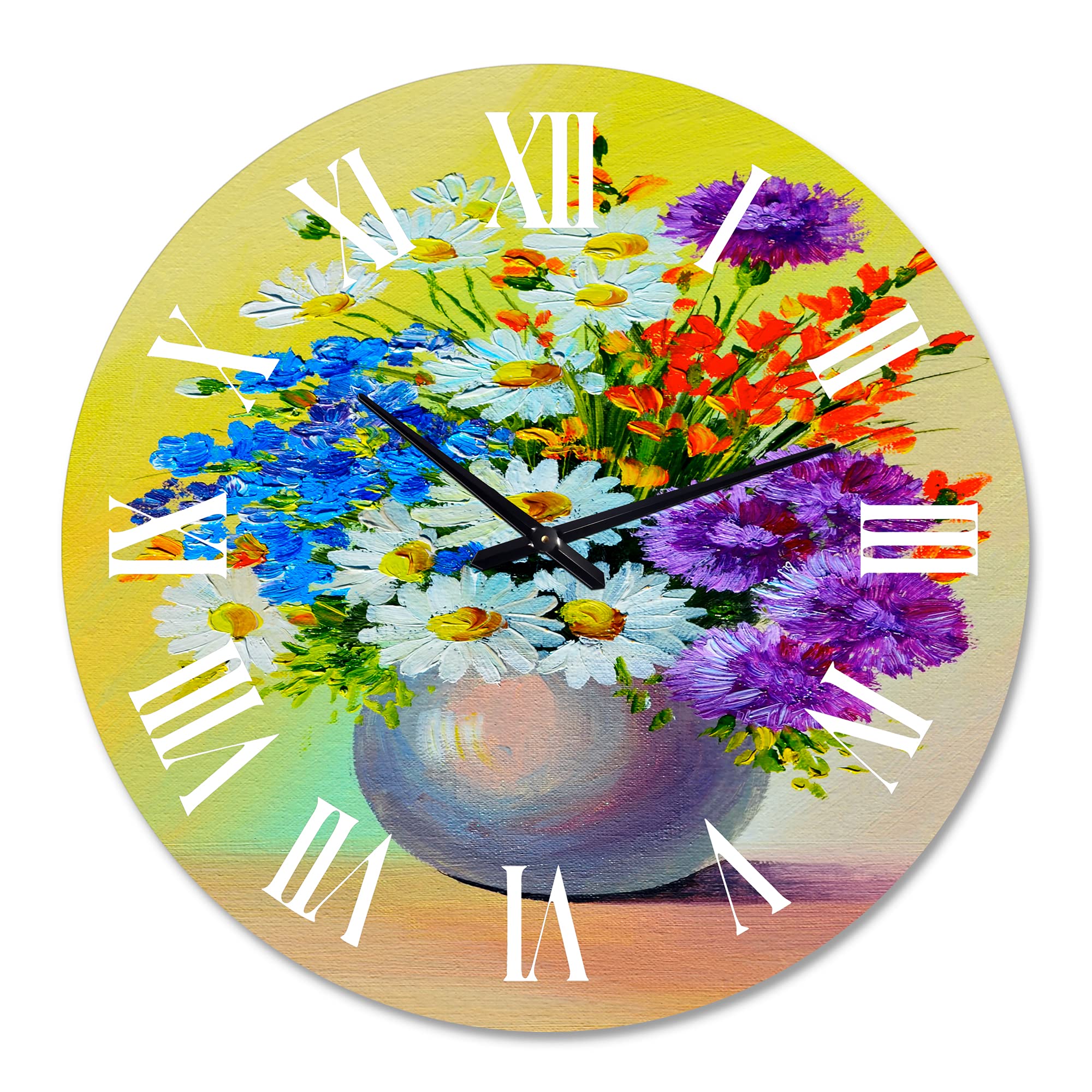 Large Floral Wall Clock - Still Life Bouquet of Blue, Red & White Flowers - Elegant Office Decor for Home & Workspace | Perfect for Living Room, Bedroom & Office Spaces