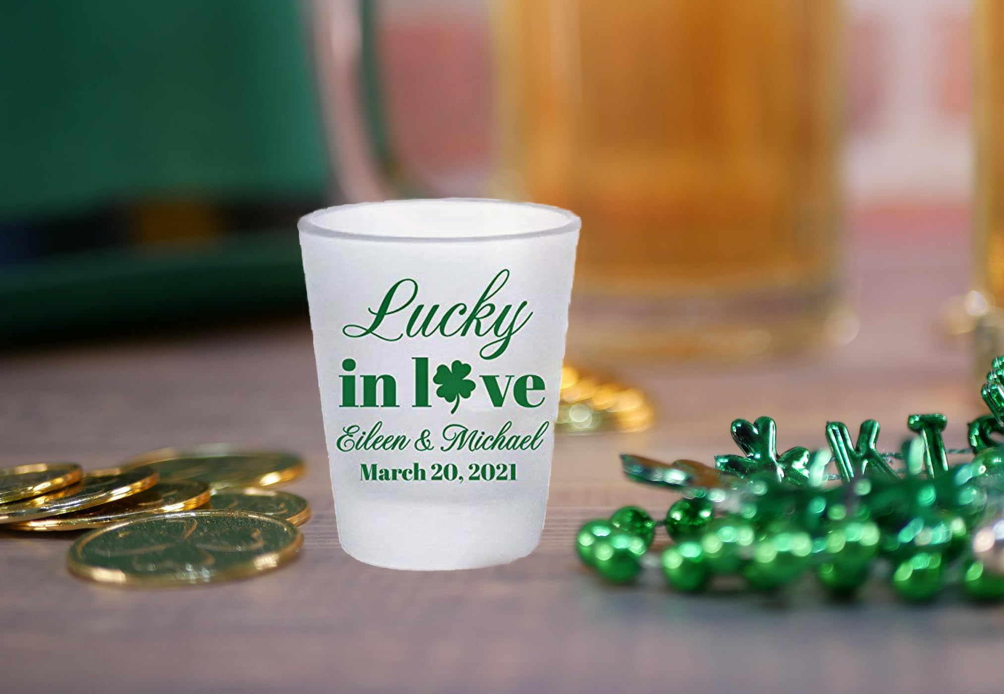 Personalized Irish Wedding Favors - Lucky in Love Frosted Shot Glasses - Bulk Wedding Guest Gifts - Shamrock-Themed Party Supplies for St. Patrick's Day & Irish-Themed Weddings