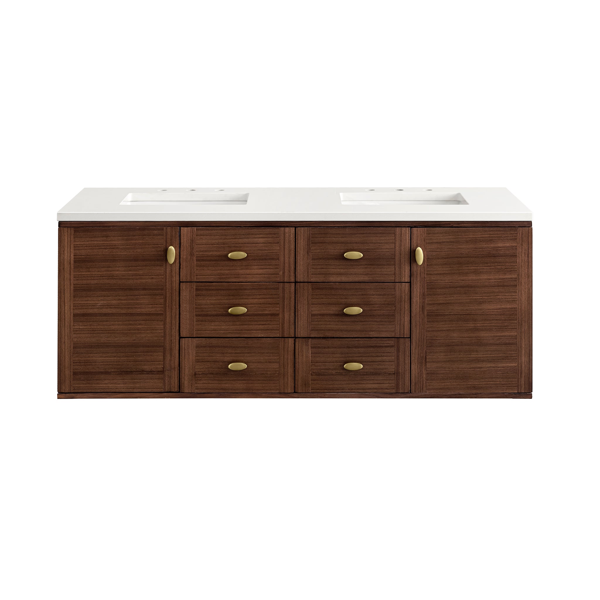 Amberly 60 Inch Double Bathroom Vanity with Mid-Century Modern Walnut Finish & 3CM White Zeus Quartz Top - Perfect for Master Bathroom Renovation and Modern Home Decor