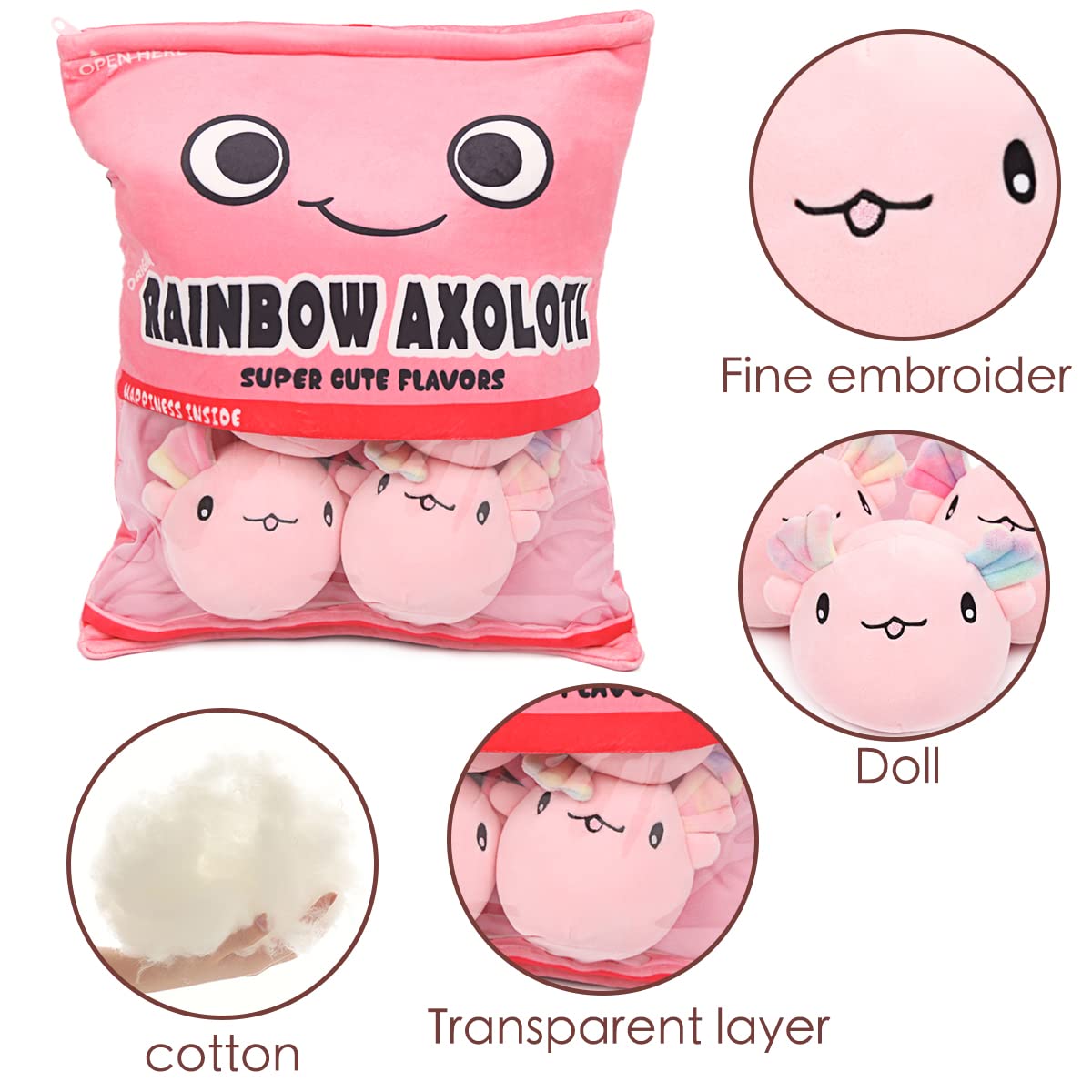 ARELUX Soft Pink Axolotl Plush Pillow Set - 6PCS Cute Stuffed Salamander Plushie with Removable Bag | Perfect for Kids' Room Decor, Birthday Gifts & Cozy Home Accessories