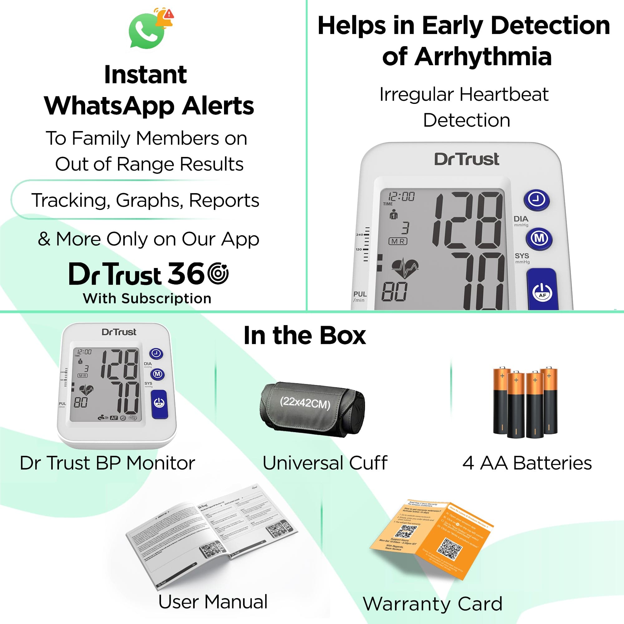 Dr Trust USA Accutrack AFib Blood Pressure Monitor 130 - Atrial Fibrillation Detection & Stroke Prevention, Digital BP Machine with USB & Battery Power (White) - Ideal for Home Health Monitoring & Heart Care