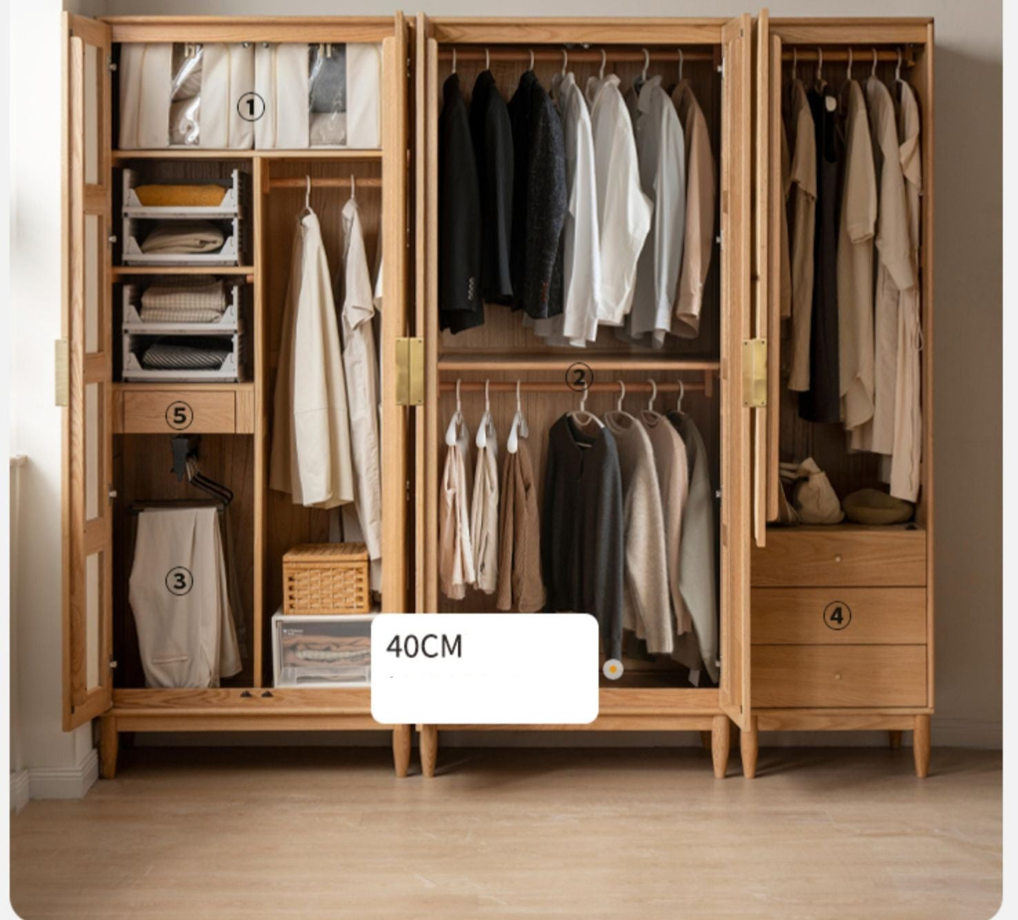 Solid Oak Wood Rattan Wardrobe - Stylish Storage for Bedroom, Living Room & Closet Organization