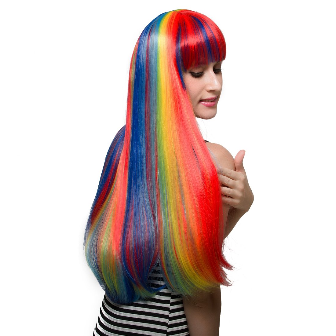 Rainbow Straight Wig with Bangs - Multi Color Heat Resistant Synthetic Wig for Girls | Cosplay, Music Festival, Halloween Costume, Party & Costume Events