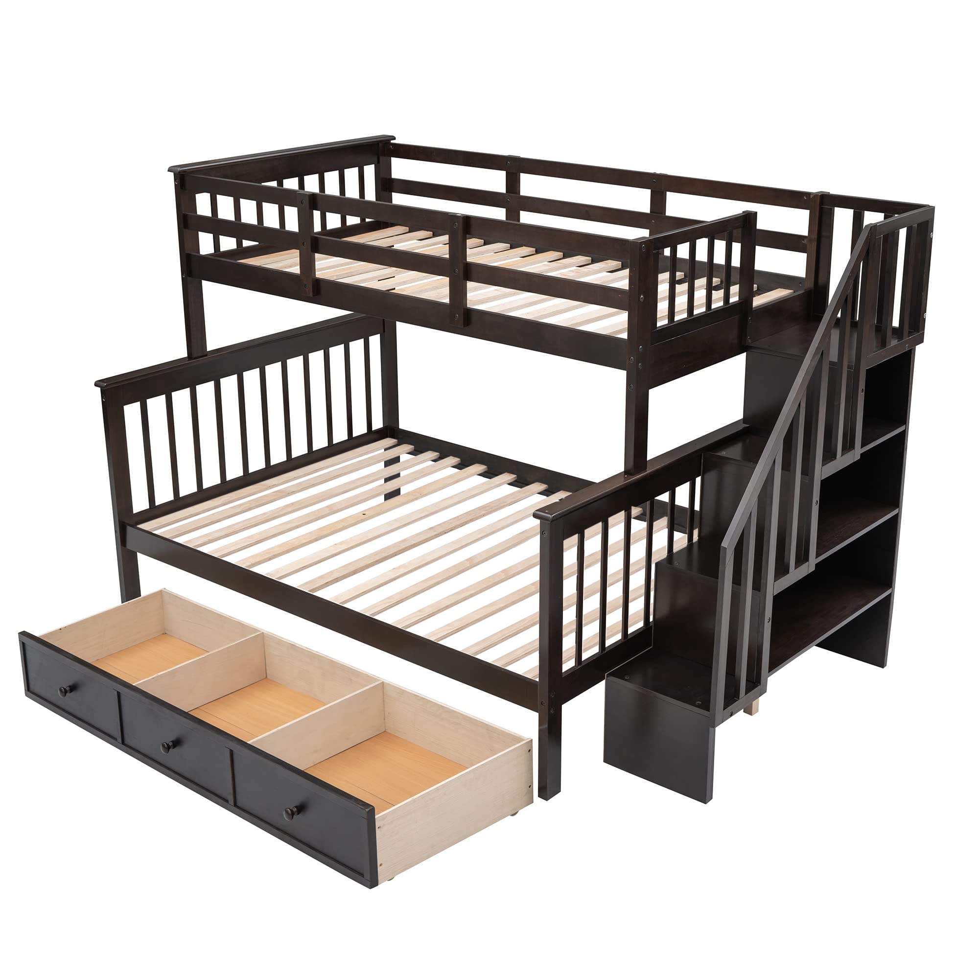 P PURLOVE Twin-Over-Full Bunk Bed with Drawer & Side Storage - Sturdy Wood Bunk Bed for Kids & Adults - Perfect for Small Bedrooms, Dorm Rooms & Space-Saving Solutions