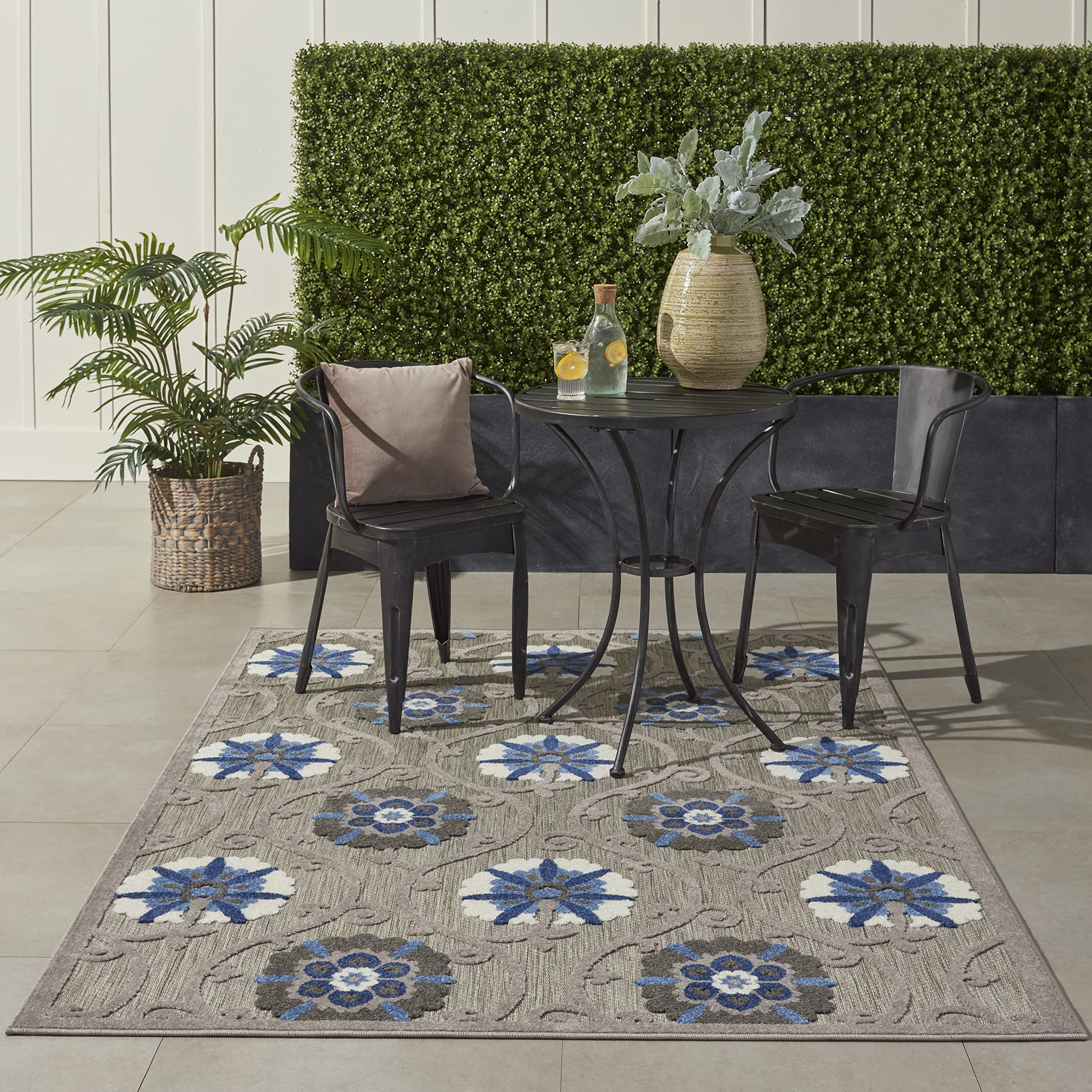 Nourison Aloha 6' x 9' Indoor/Outdoor Area Rug - Soft Grey & Blue Design, Easy to Clean, Non-Shedding - Perfect for Bedroom, Living Room, Dining Room & Kitchen (6x9) | Great for Patio, Deck & High-Traffic Areas