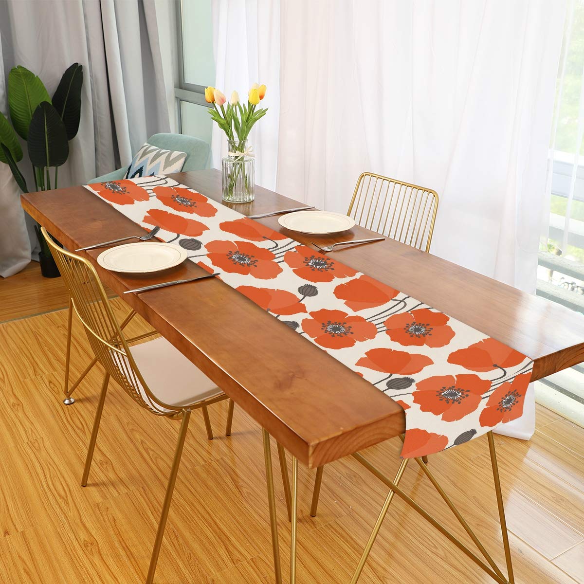 MOYYO 13x70 Inch Red Poppy Flowers Table Runner - Polyester Dining Table Cloth for Wedding, Birthday, Engagement Party Decor - Perfect for Coffee Tables, Banquets & Home Decoration