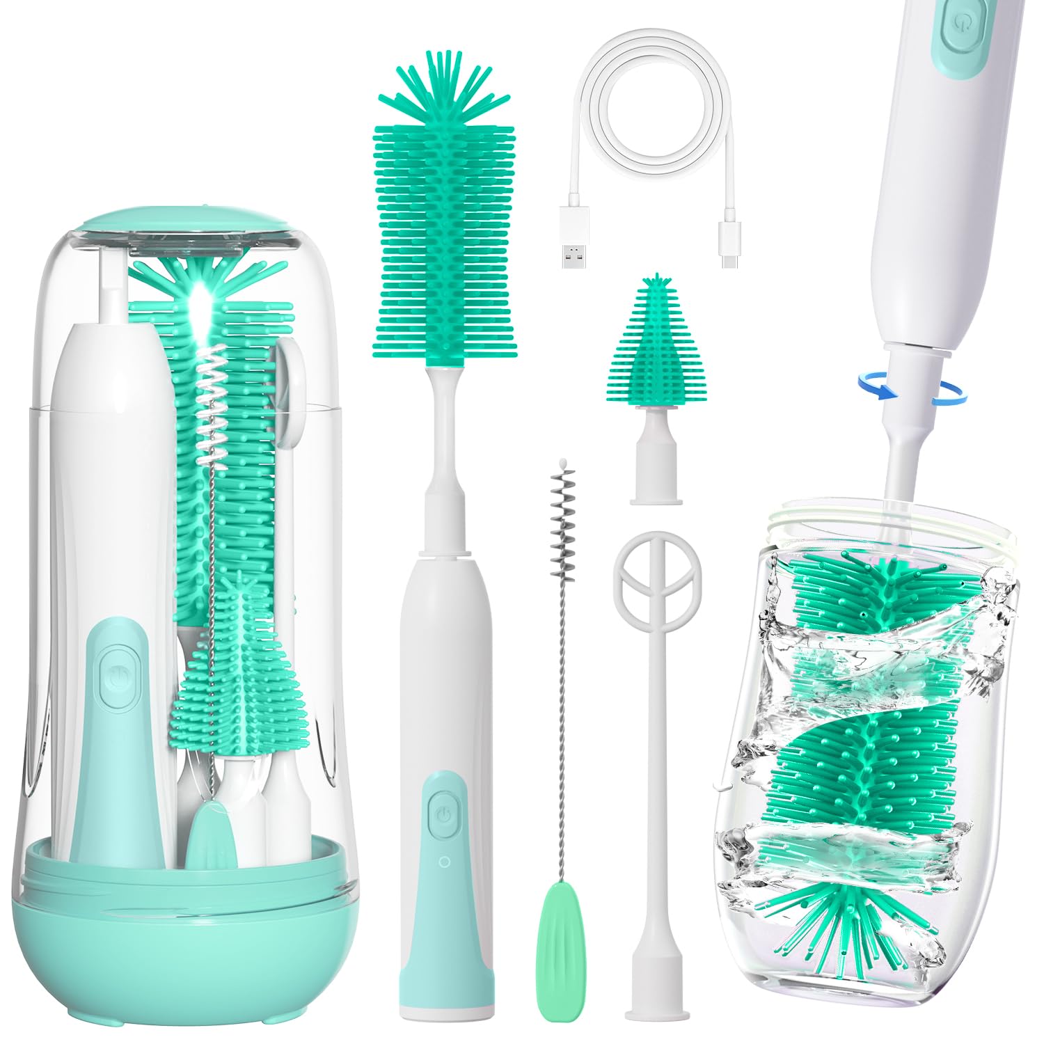 Electric Bottle Brush Cleaner - Rechargeable Portable Baby Bottle Cleaning Kit with Silicone Nipple & Straw Brush, Drainage Rack & Storage Box (Green) | Perfect for Travel, Home & Nursery Use