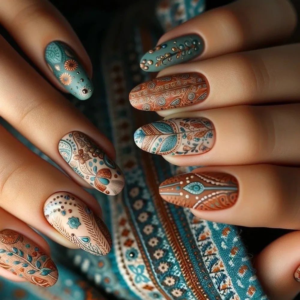 24Pcs Retro French Fake Nails with Moon Leaves Design - Glitter False Nails Mid Length Almond Shape - Reusable Press on Nails for Women - Perfect for Parties, Weddings & Special Occasions
