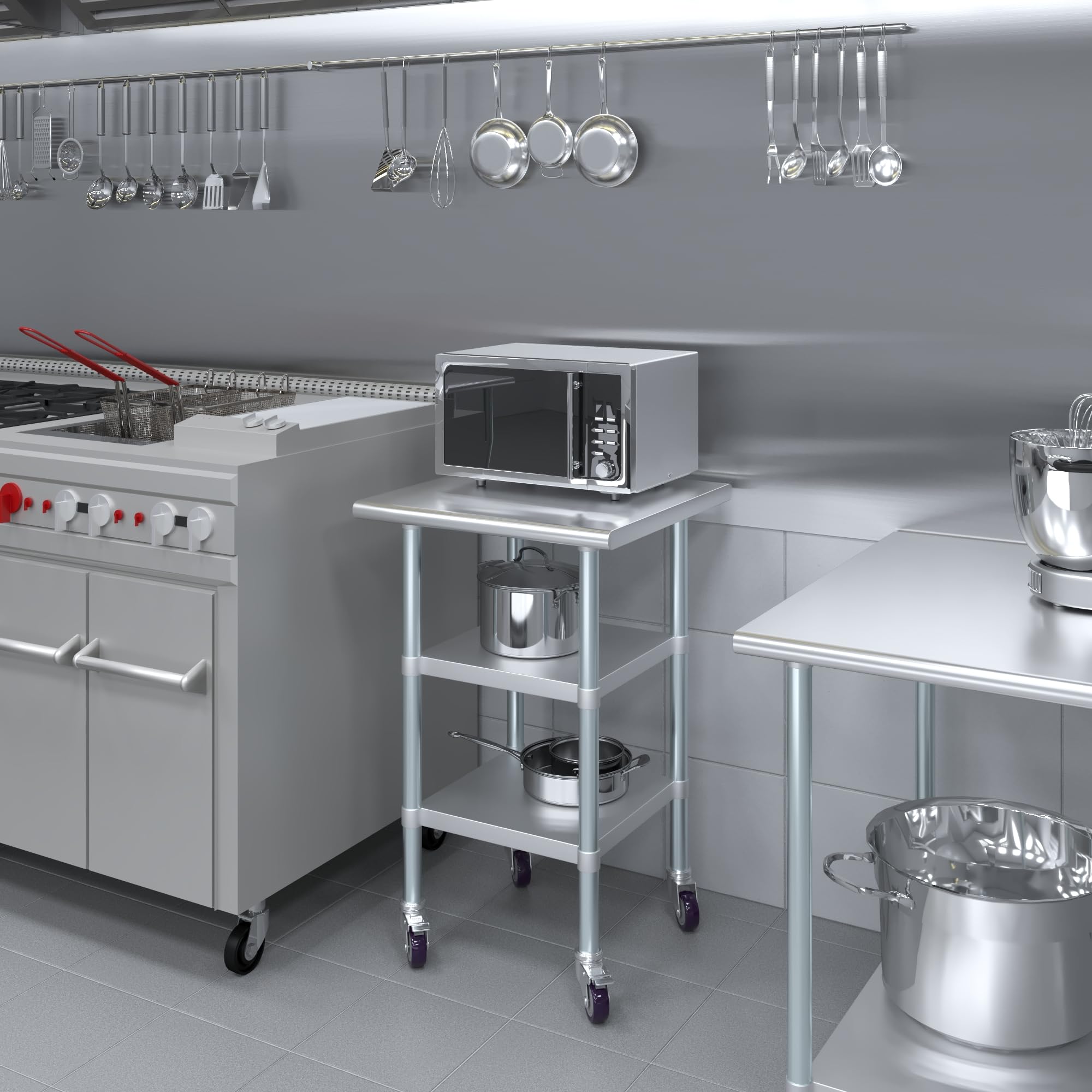AmGood Stainless Steel Work Table with 2 Shelves & Wheels | Heavy Duty Metal Utility Table 24x24 Inch | Commercial Kitchen, Garage, Workshop, Food Prep Station