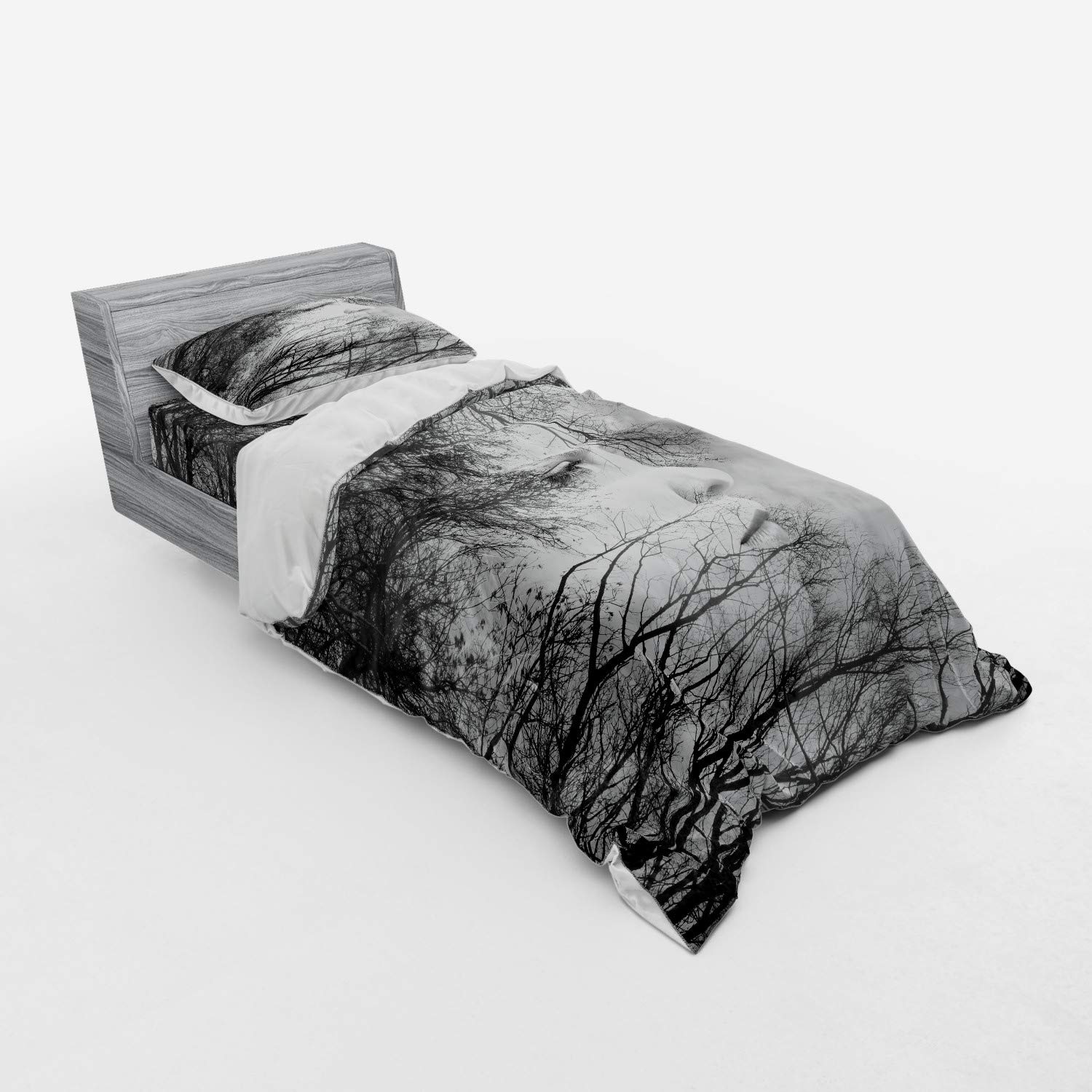 Ambesonne Black and White 3-Piece Duvet Cover Set with Sham & Fitted Sheet - Twin Size, Double Exposure Print of Woman Face Among Tree Branches - Modern Bohemian Bedroom Decor for Teens & Adults
