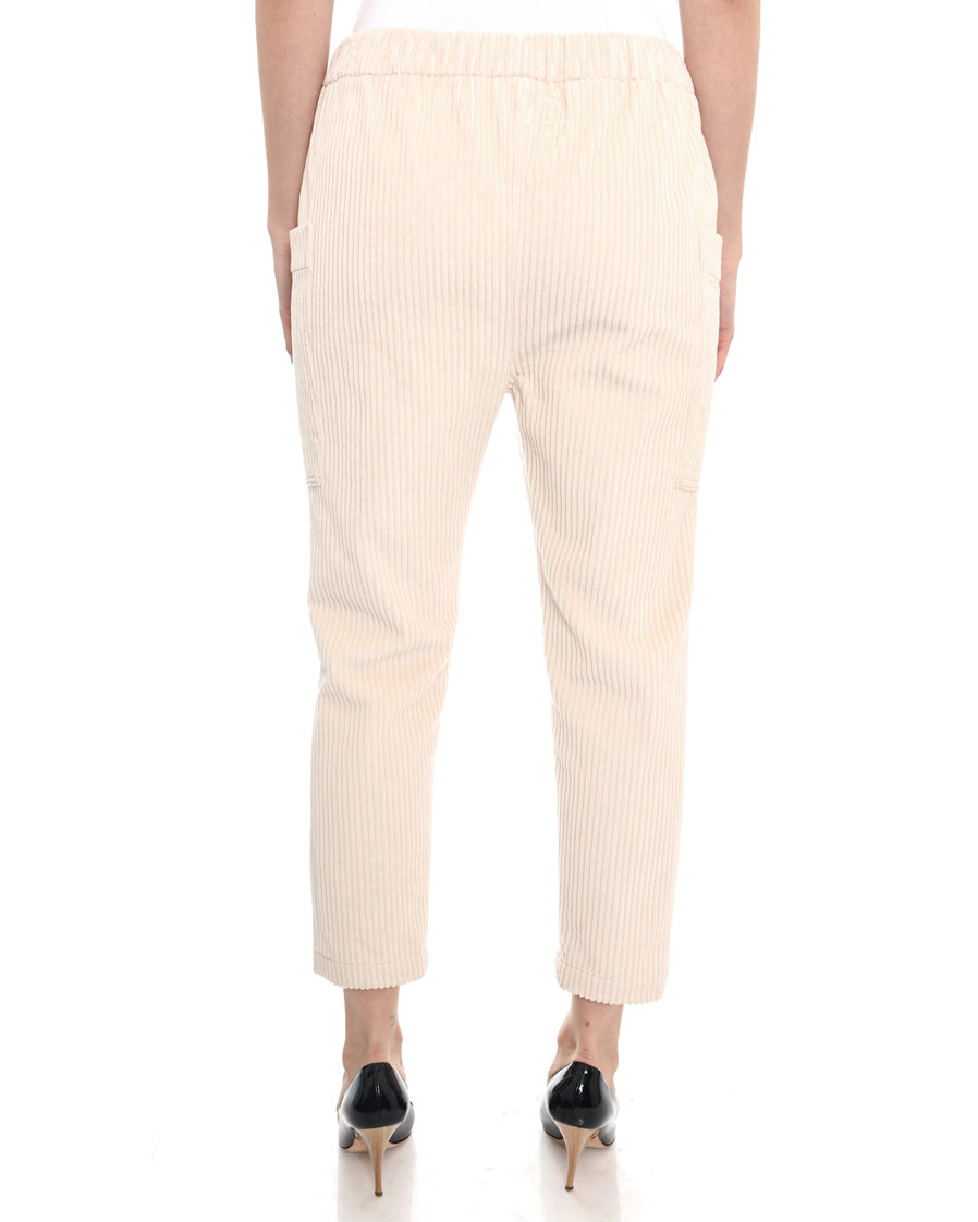 Brunello Cucinelli Women's Ivory Corduroy Elastic Waist Pants - Comfortable Stretch Trousers for Work, Travel & Casual Wear
