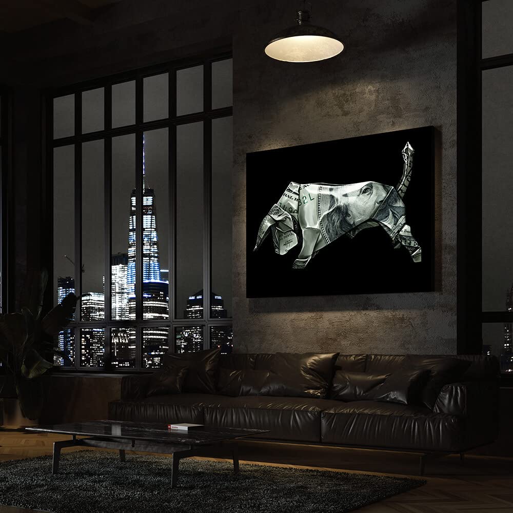 Inktuitive Bull Origami Money Canvas Wall Art - Motivational Office Decor, Inspirational Black Wall Art, 24x18 Inches Frameless - Perfect for Home Office, Study Room & Gift Giving