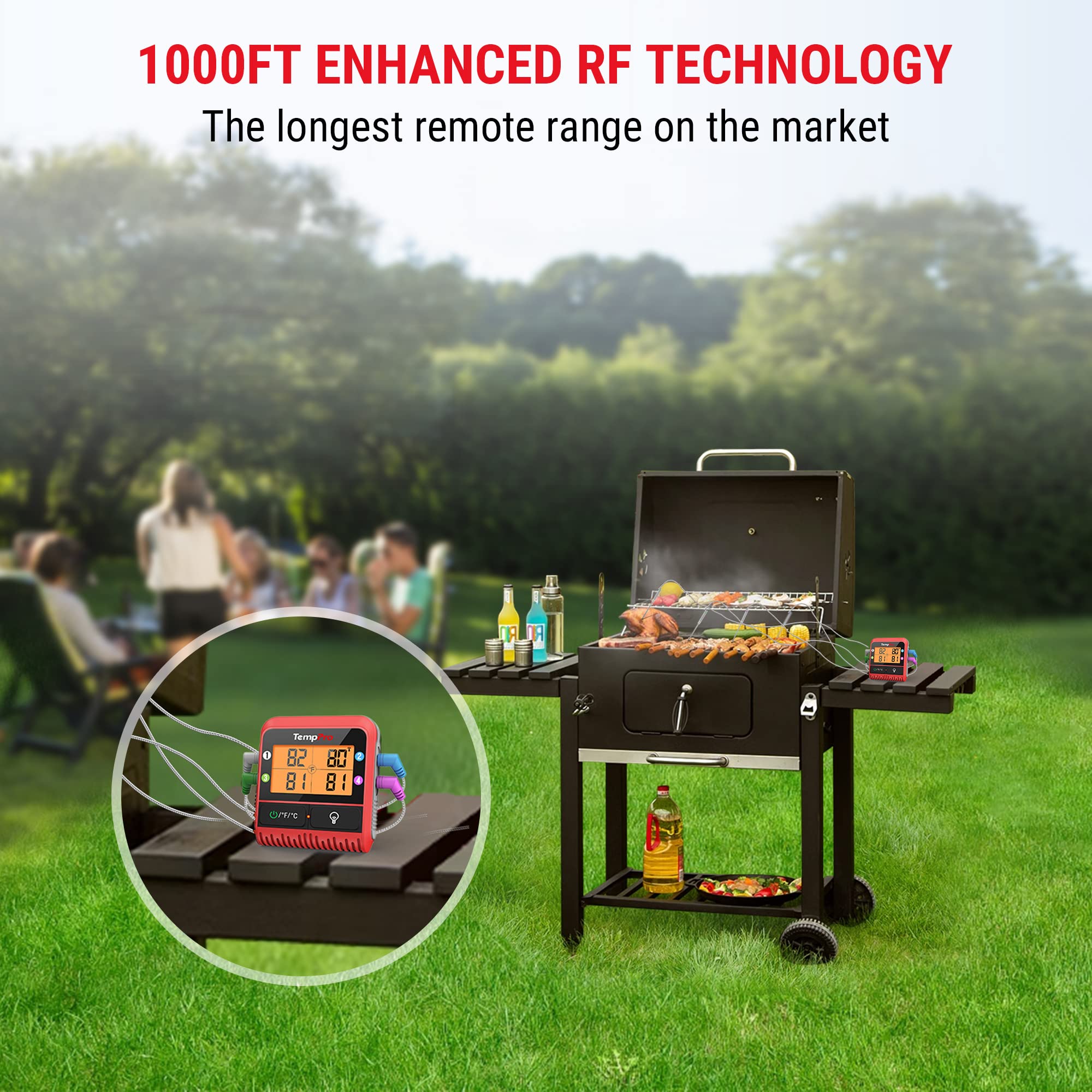 H29 Wireless Meat Thermometer with 4 Probes - 1000FT Range Digital BBQ Smoker Thermometer for Grilling, Smoking, Oven & Grill - Perfect for Backyard BBQ, Camping & Home Cooking