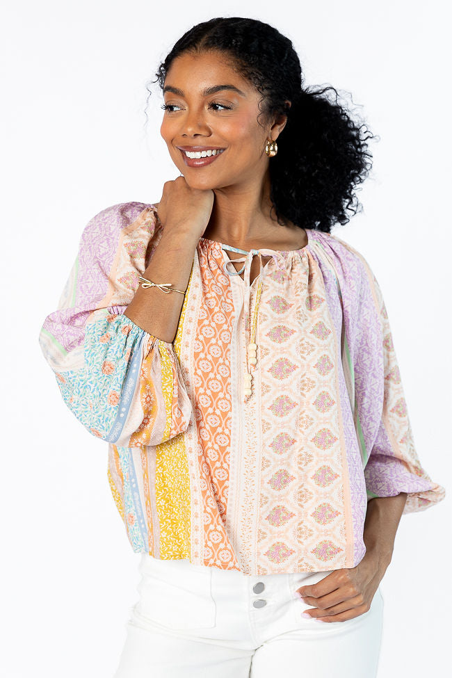 Stylish Multi Floral Patch Print Woven Pop Over Blouse for Women | Trendy Casual & Office Wear | Perfect for Spring Outfits, Date Nights & Summer Vacations