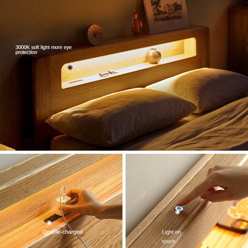 Solid Oak and Beech Wood Bed with Built-in LED Lights and Bookshelf - Modern Bedroom Furniture for Small Spaces, Lofts, and Studio Apartments