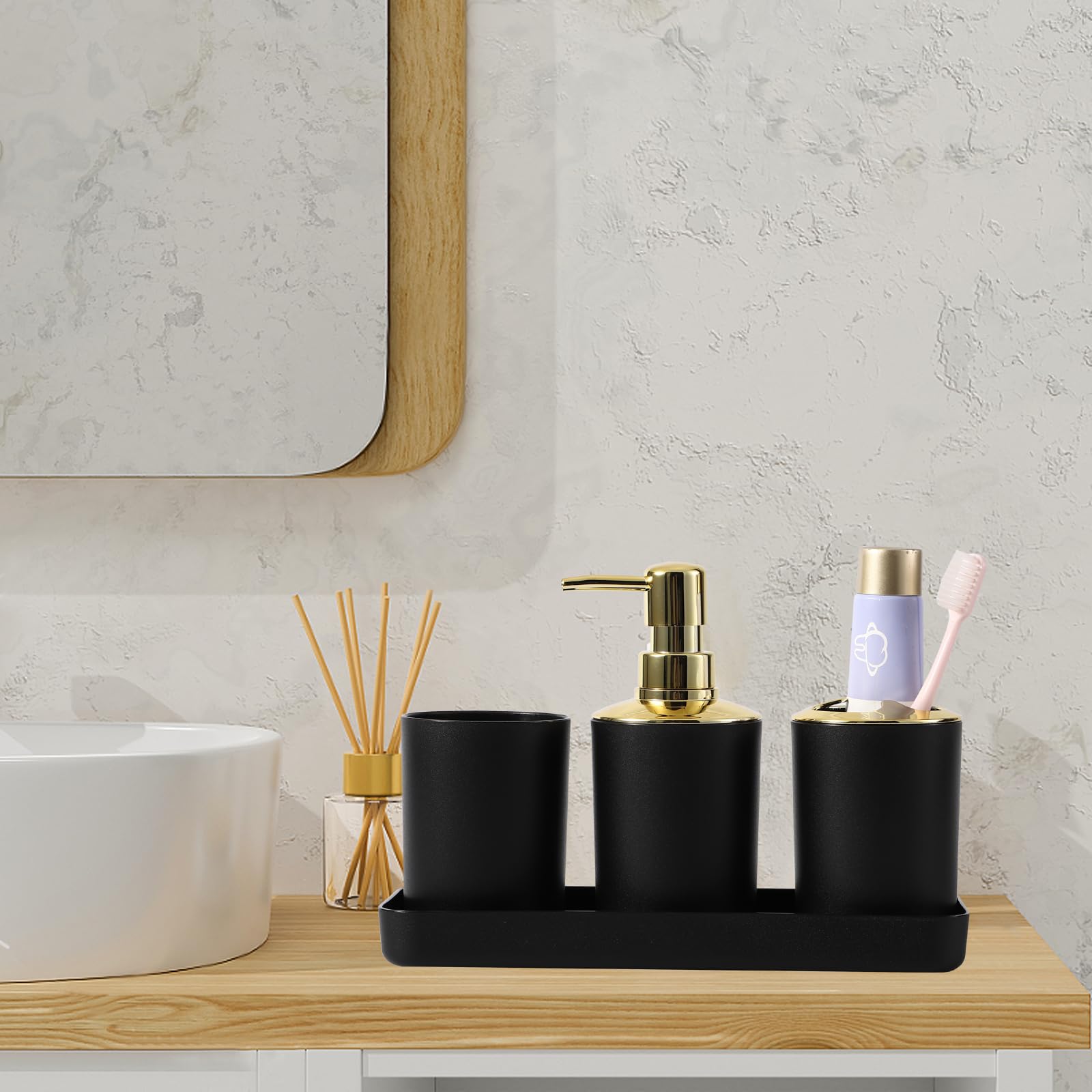 Premium 9-Piece Black & Gold Bathroom Accessories Set - Modern Soap Dispenser, Toothbrush Holder, Toilet Brush with Stand, Waste Bin, Soap Dish, Tumbler & Organizer Tray | Luxury Spa-Style Vanity Decor for Master Bath, Guest Bath & Powder Room