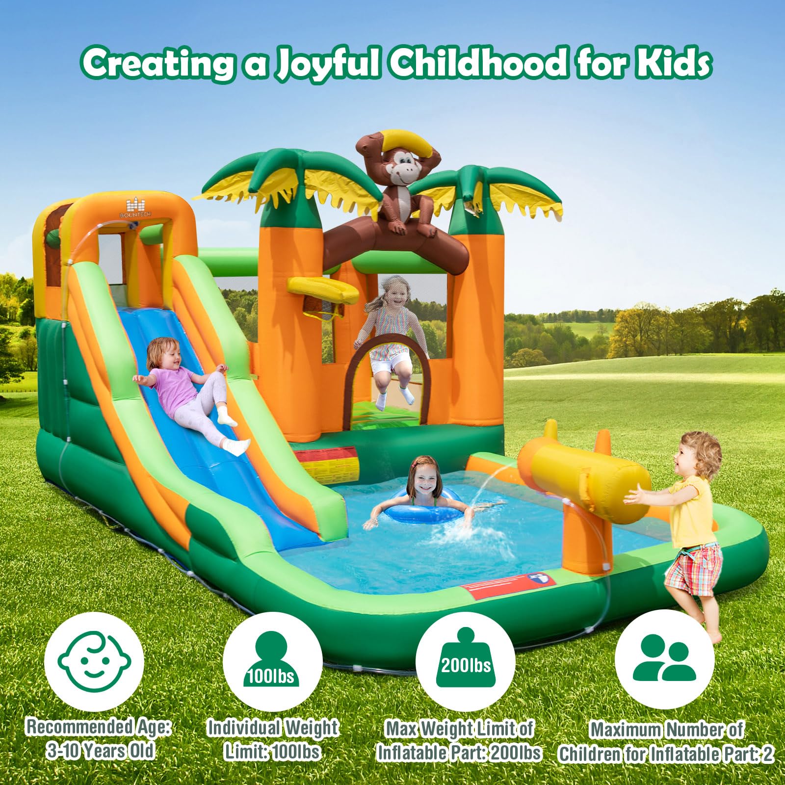 BOUNTECH Inflatable Water Slide with Splash Pool - Jungle Monkey Bounce House for Kids Outdoor Play, 680W Blower Included | Perfect for Backyard Parties, Summer Fun, and Birthday Gifts | Durable Water Slides Inflatables for Big Kids and Family Gatherings