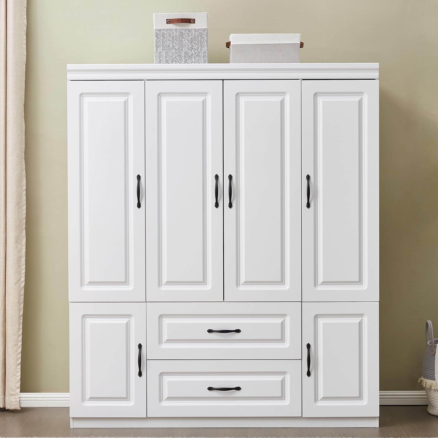 4-Door Armoire Wardrobe Closet with 2 Drawers & Hanging Rail - Tall Bedroom Storage Cabinet with Metal Handles, White - Perfect for Master Bedroom, Guest Room, and Apartment Organization