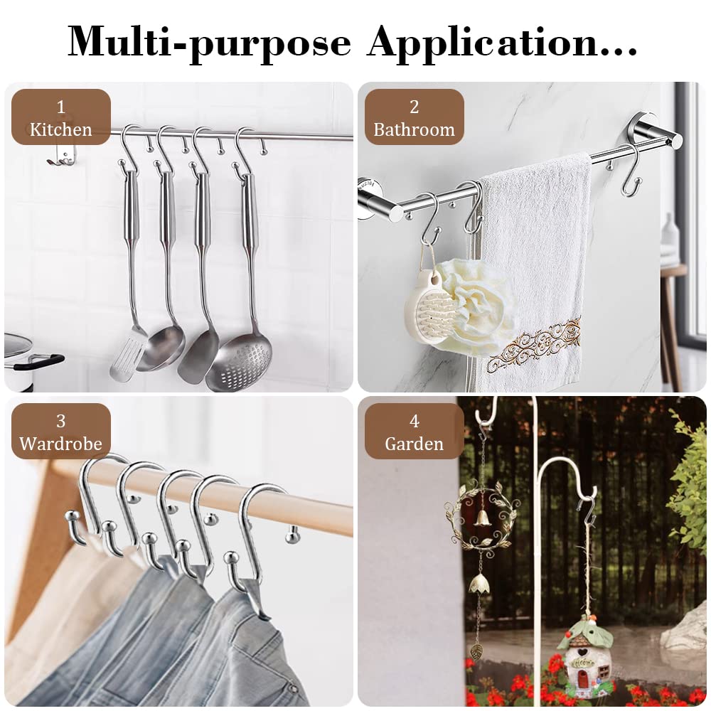12-Pack Rust-Proof S-Shaped Shower Curtain Hooks - Decorative Chrome Shower Rings & Multi-Purpose Hangers for Bathroom, Kitchen, Closet Organization