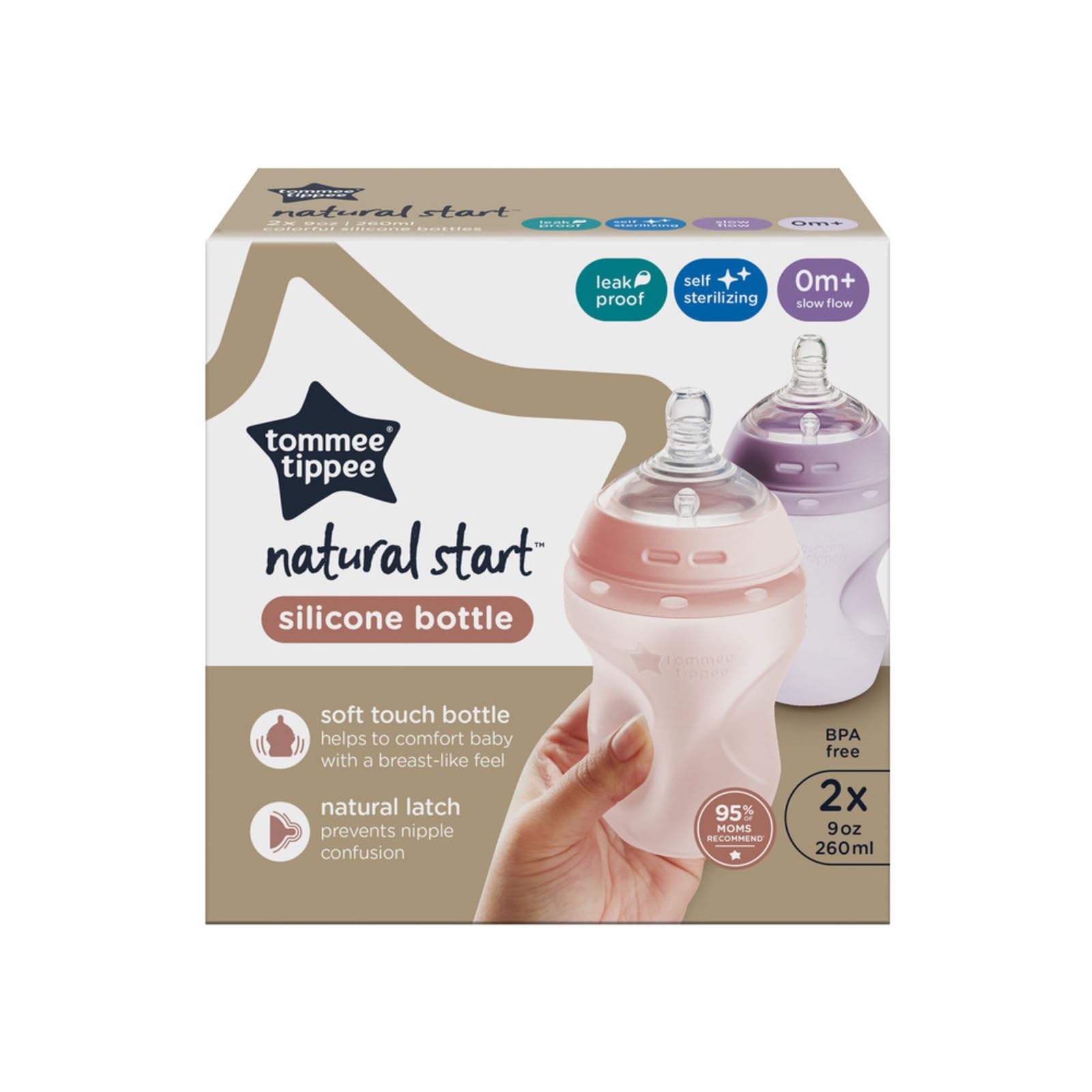 Tommee Tippee Natural Start Anti-Colic Baby Bottles 9oz (2 Pack) - Slow Flow Breast-Like Silicone Nipple, Self-Sterilizing, for Newborns 0m+ (Pink & Purple) - Perfect for Breastfeeding Transition & On-the-Go Feeding