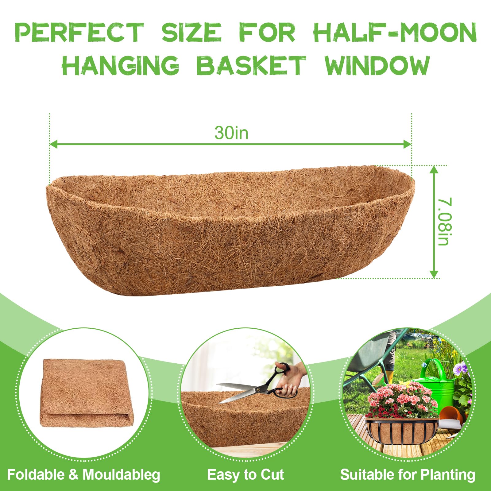 Riare 4 Pack 30 Inch Coco Coir Planter Liners - Natural Coconut Fiber Replacement Liners for Window Boxes, Wall Planters & Deck Railings - Perfect for Indoor/Outdoor Gardening & Home Decor